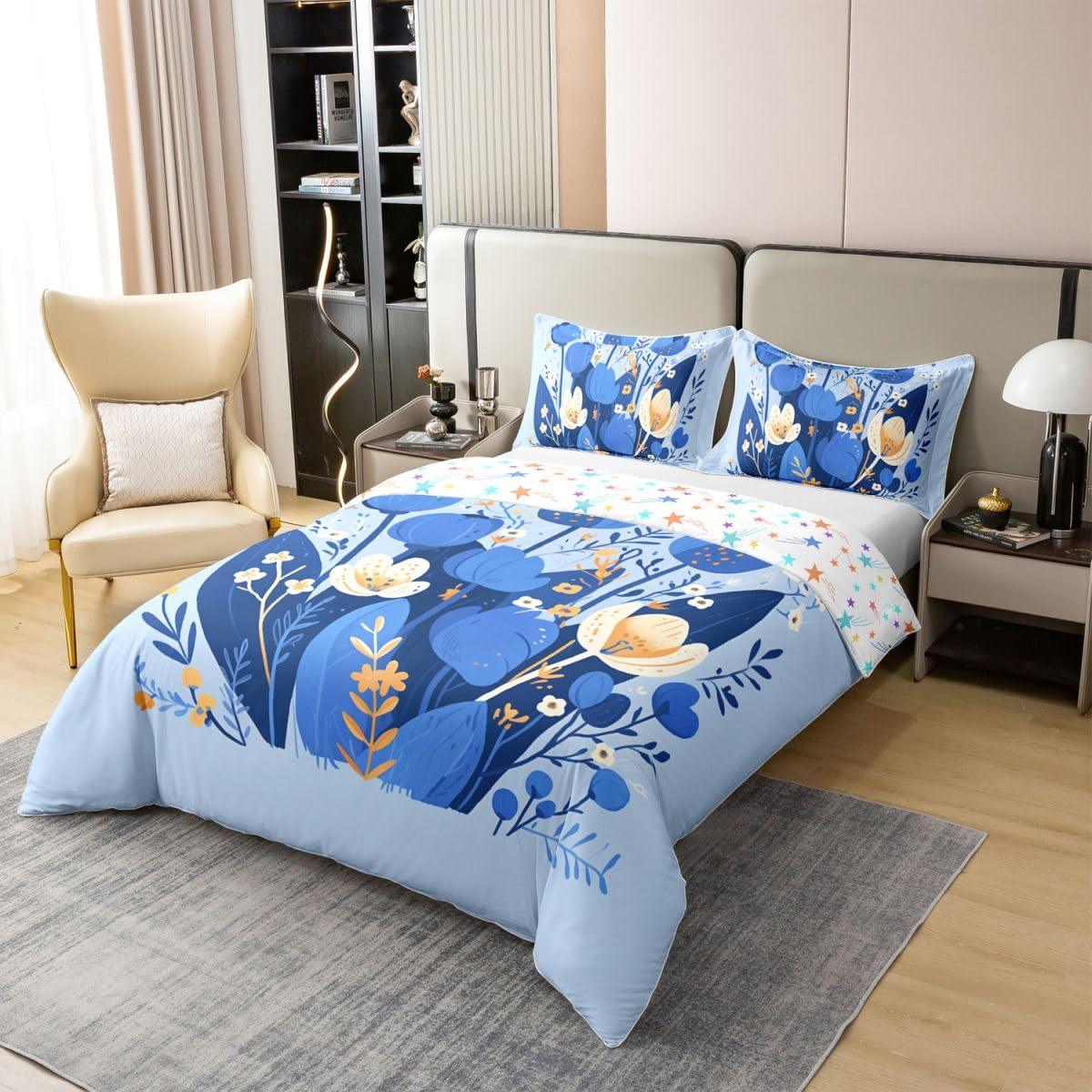 Erosebridal Spring Floral Bedding Set Full Blue Flowers 100% Cotton Duvet Cover Blue Botanical Garden Comforter Cover for Kids Girls Boys Adults Floral Branches Pastoral Bedclothes 3 Pcs