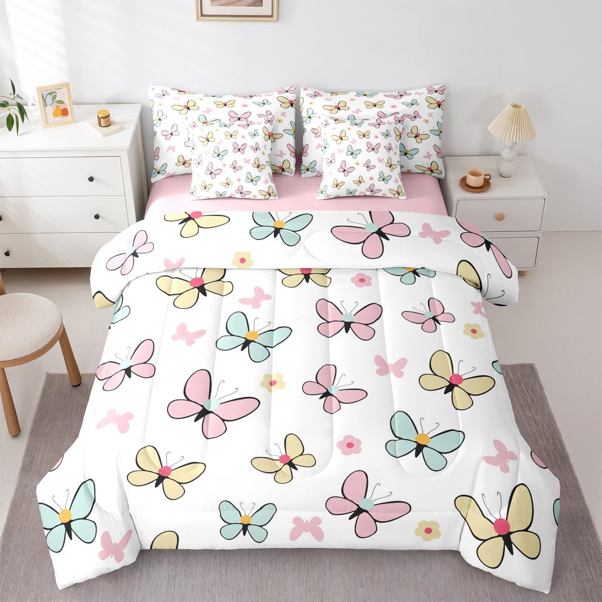 Feelyou Butterfly Comforter Set Queen Size 7 Pieces Cute Pink Bedding Set for Kids Boys Girls Kawaii Bed in a Bag with Comforter, Sheets, Pillowcases, Cushion Covers Soft