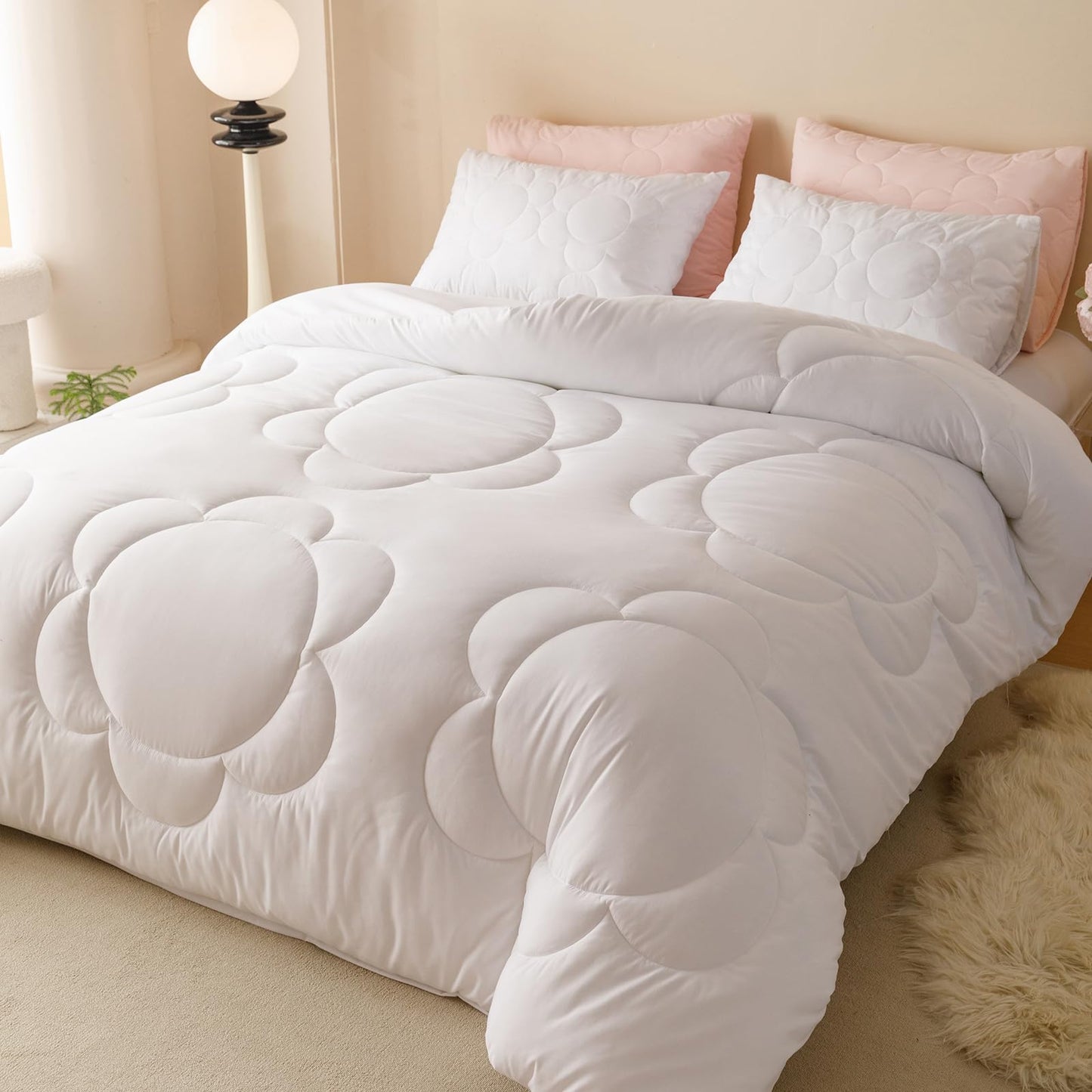Luxlovery White Sunflower Comforter Set Queen Plain White Boho Farmhouse Quilts Floral Bedding Comforter Set Soft Breathable Elegant Bohemian Comforter Queen Size