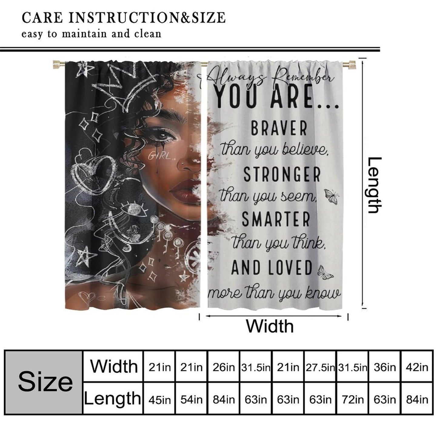 TFOSO African American Curtains,Black Girls Woman Funny Inspirational Quotes Home Decor Drape for Bedroom Living Room Kitchen Window Treatment 2 Panels Set Total Size 42" W X 45" L Inch