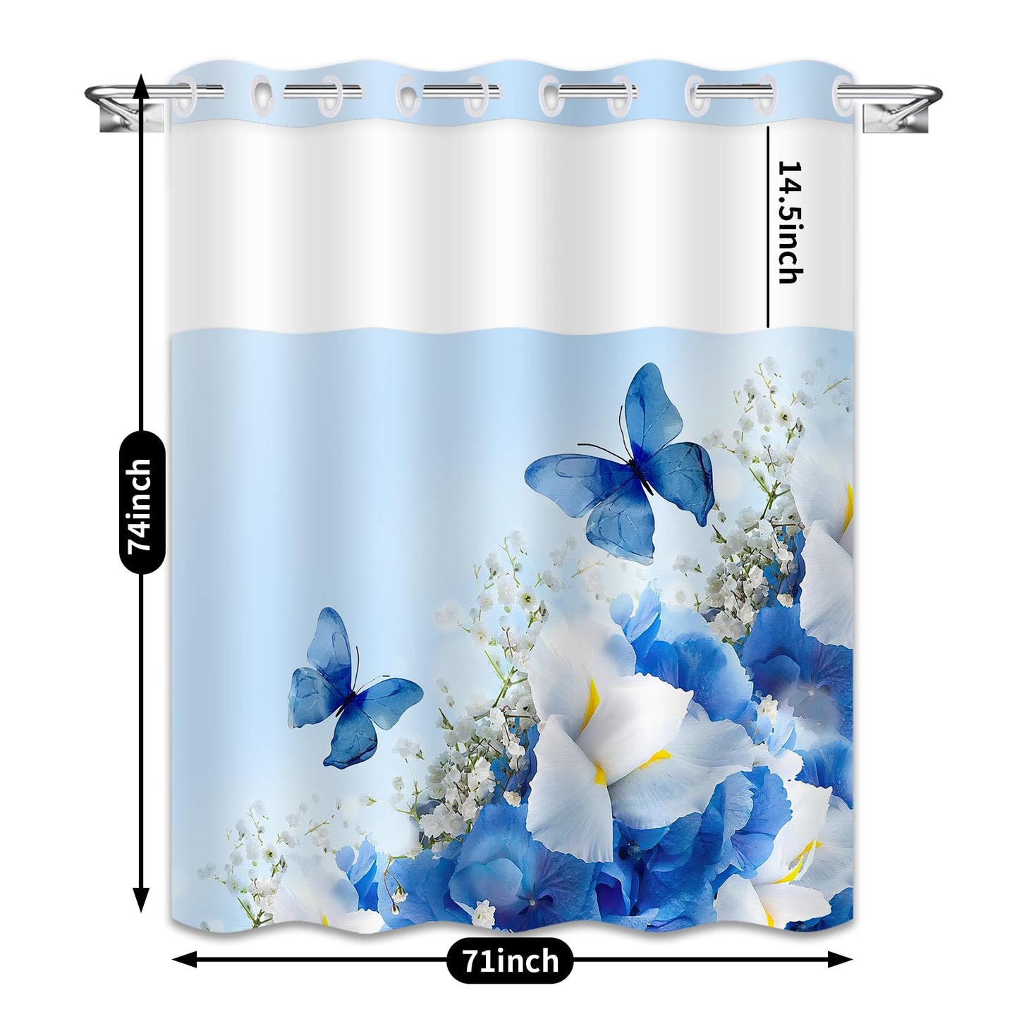 Mowxune No Hook Nature Shower Curtain with Snap in Fabric Liner Set,Bule Flowers and Butterfly Shower Curtains for Bathroom Clearance,Double Layers Waterproof,71x74 in