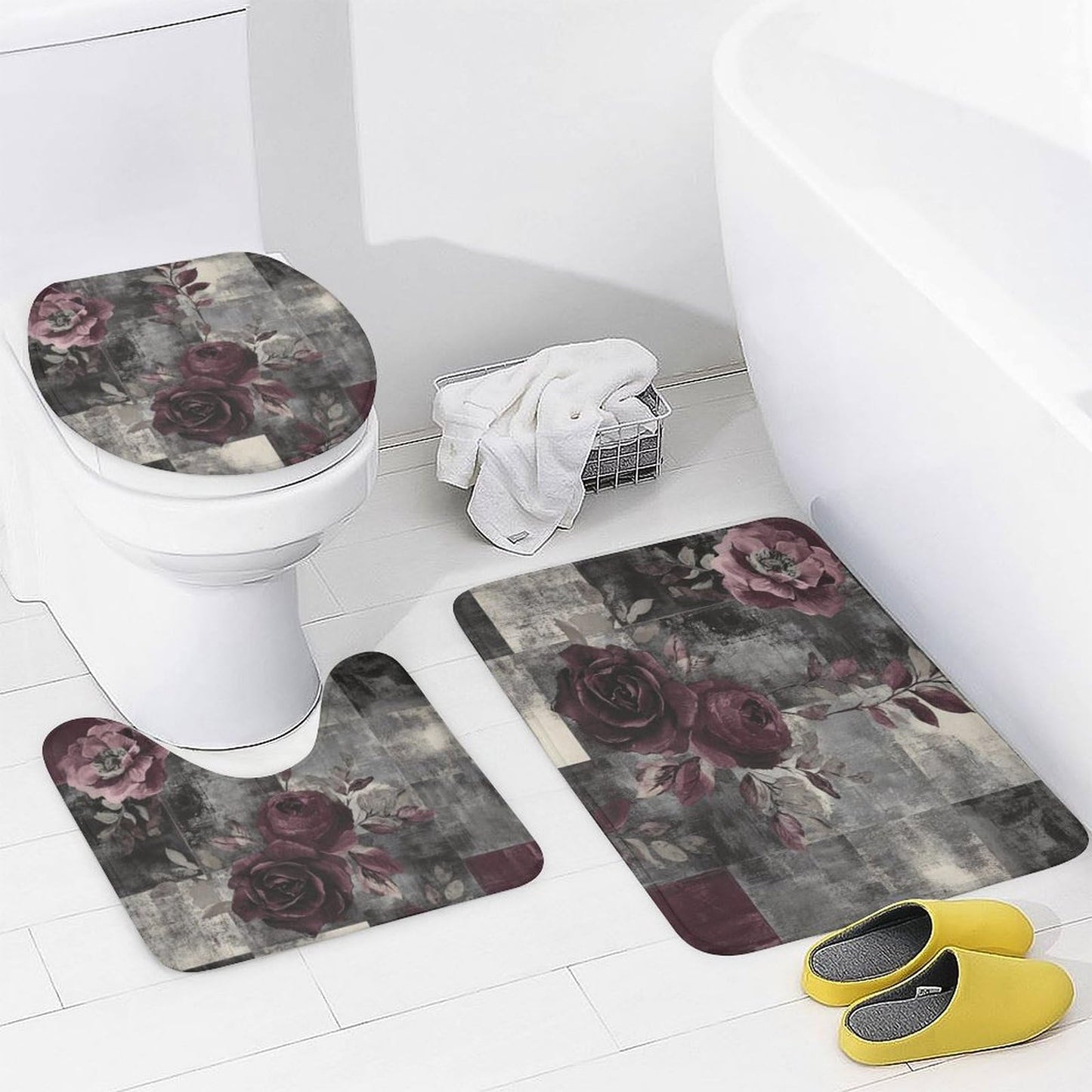 DIPQIMI 4Pcs Red Rose Patchwork Shower Curtain Sets with Rugs, Toilet Lid Cover and Bath Mat, Classic Art Flower Bathroom Shower Curtains Set with 12 Hooks