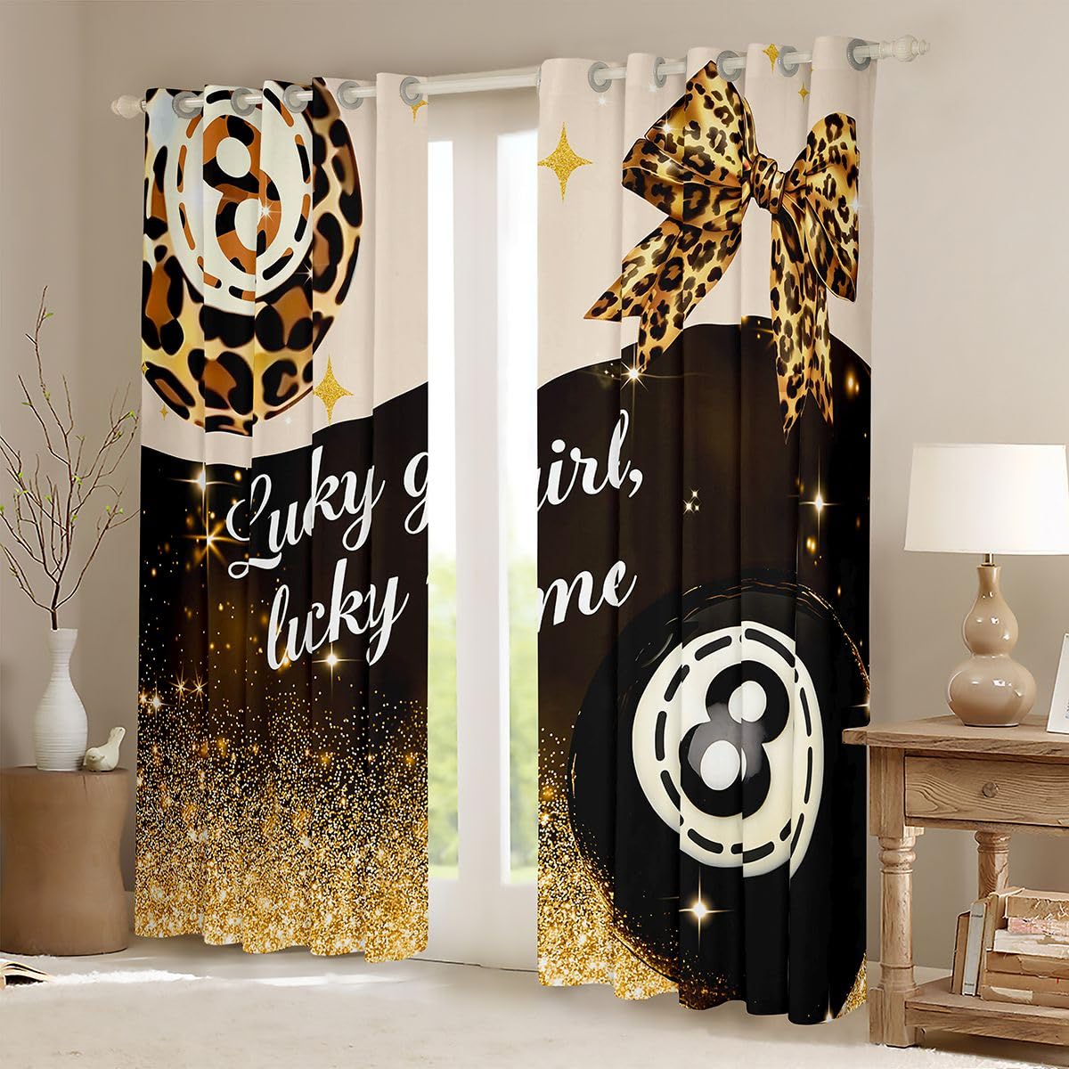 Erosebridal Y2K Lucky 8 Ball Window Drapes Fashion Leopard Bowknot Blackout Curtains 42" Wx63 L Golden Glitter Print Curtains for Bedroom,Funky Trendy Aesthetic Preppy Window Treatments 2 Panels