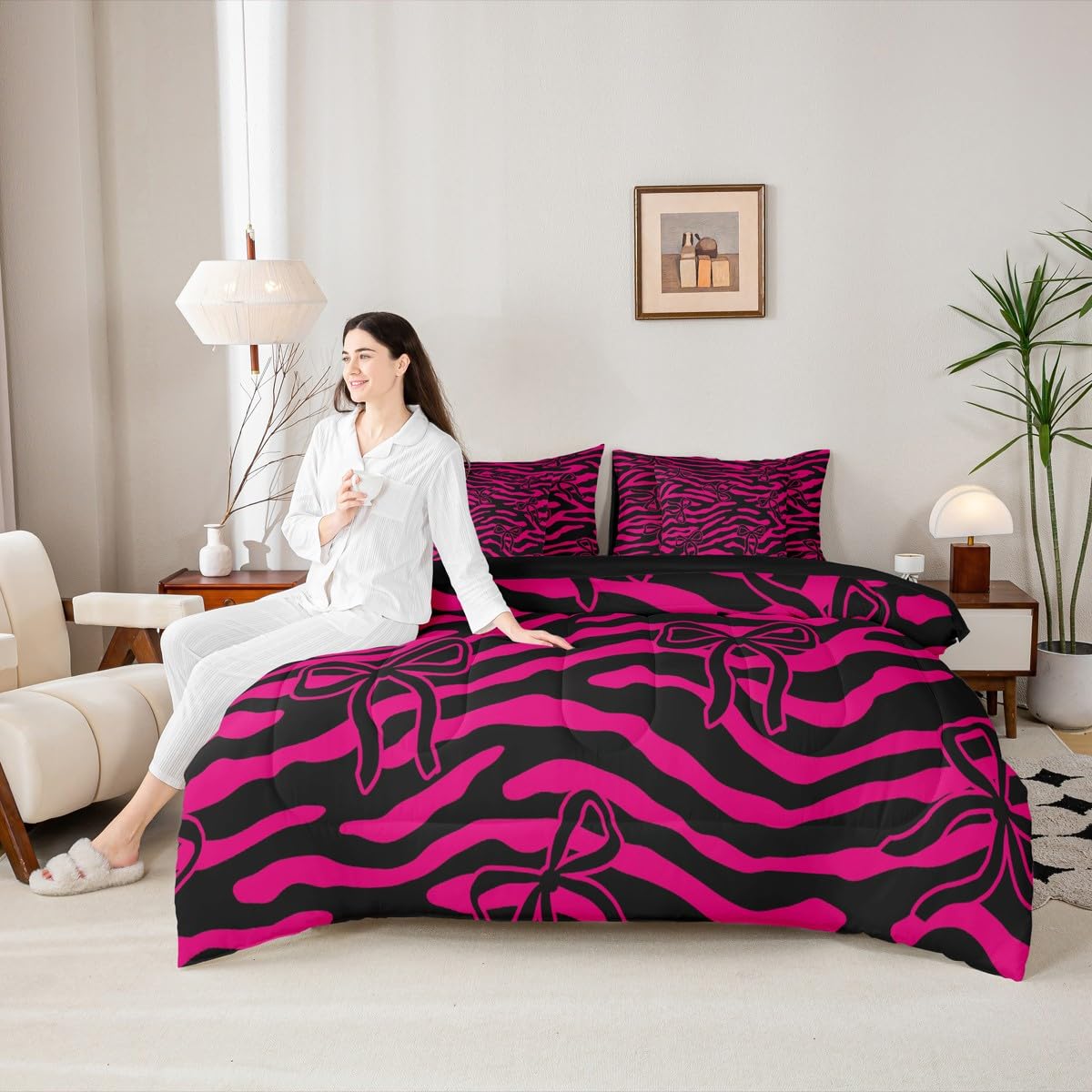 jejeloiu Bow Comforter Set with Sheets 7 Piece Twin Size Zebra Stripes Bedding Set for Kids Boys Girls Wild Animal Skin Bed in a Bag Cute Bowknot Room Decor Hot Pink Soft Lightweight Microfiber