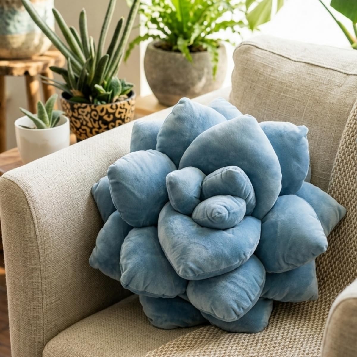 Green Philosophy Co. Succulent® Pillow 16" - Soft 3D Decorative Flower Throw Pillow, Unique Smokey Blue Plush Flower Cushion, Perfect for Couch, Sofa, Bedroom Decor, Gift for Plant Lovers