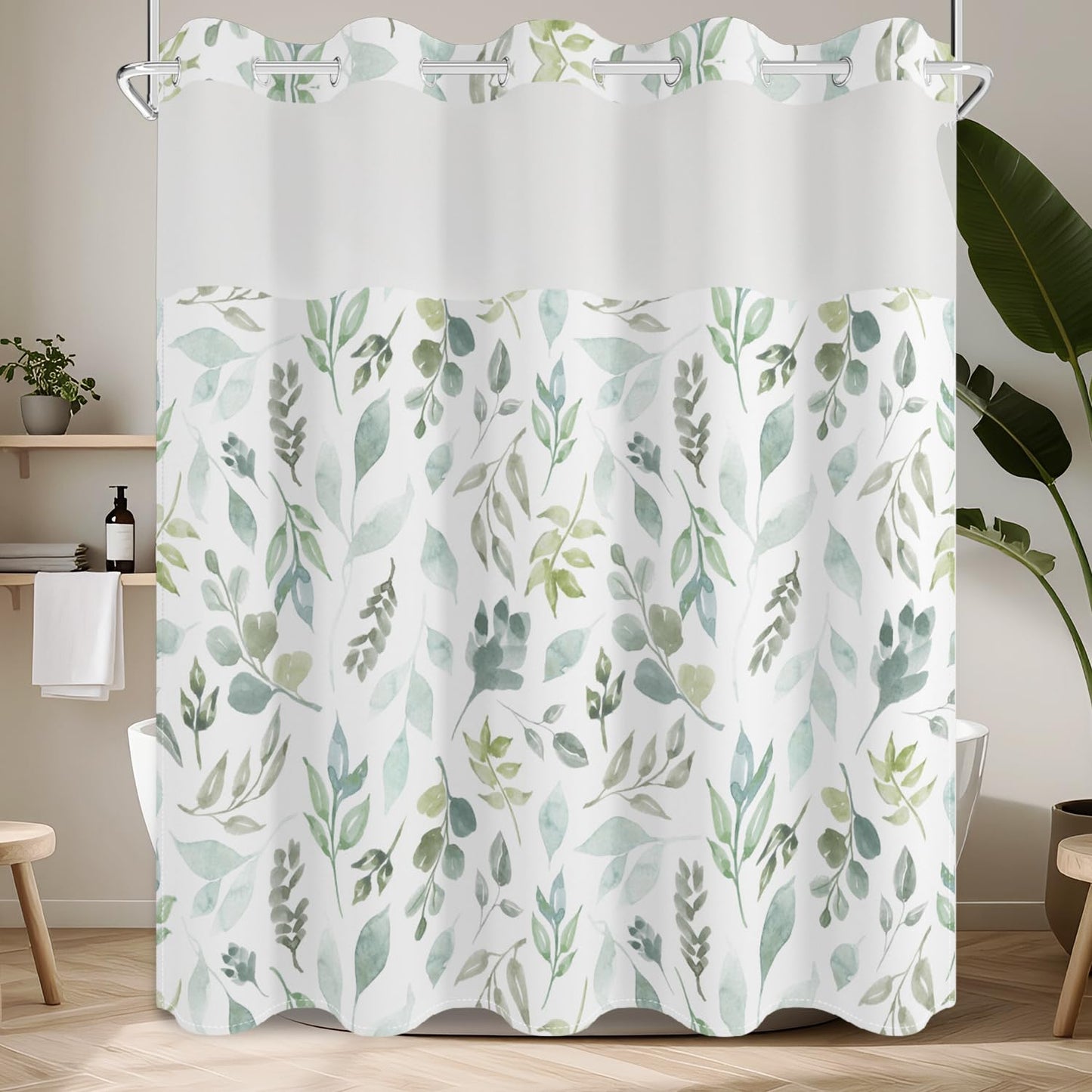 No Hook Shower Curtain with Snap in Fabric Liner Set, Waterproof & Washable, Boho Green Botanical Leaf Floral Shower Curtains for Bathroom, Rustic Modern Hotel Style Plant Bathroom Curtain, 71x74 inch