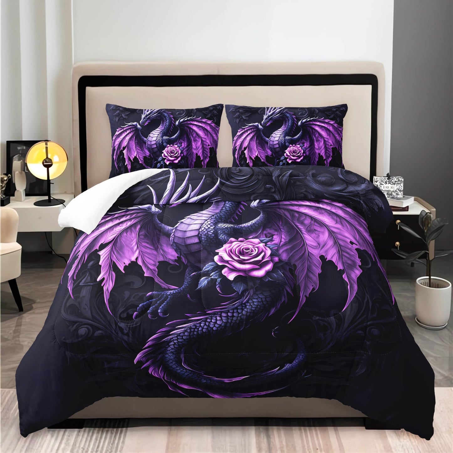 XYNHML Western Dark Purple Fantasy Dragon Comforter 3Pcs Twin Wild Animal Dragon Floral Bedding Set for Kid Teen Girl Boy Teen Adult Mysterious Pattern Quilt Bed Decor with 1 Comforter+2 Pillowcases