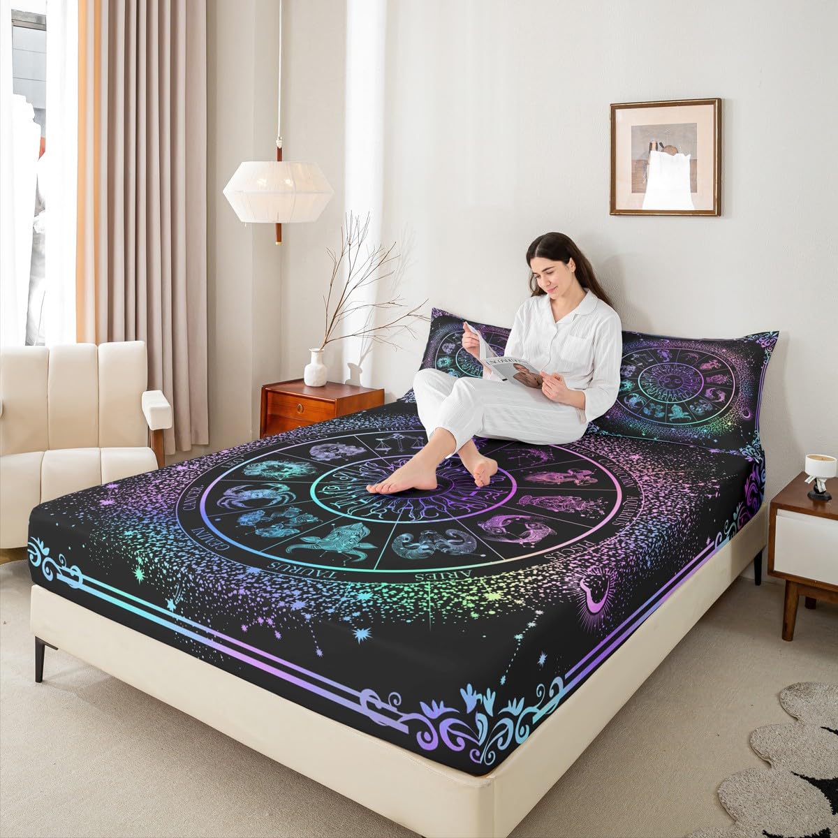 Sun Moon Bed Sheets Zodiac Astrology Bedding Set King Constellations Galaxy Sheet Set Spiritual Gifts for Girls Teens Women,Trippy Leo Aquarius Fitted Sheet Purple Blue Flat Sheet + 2 Pillow Cases