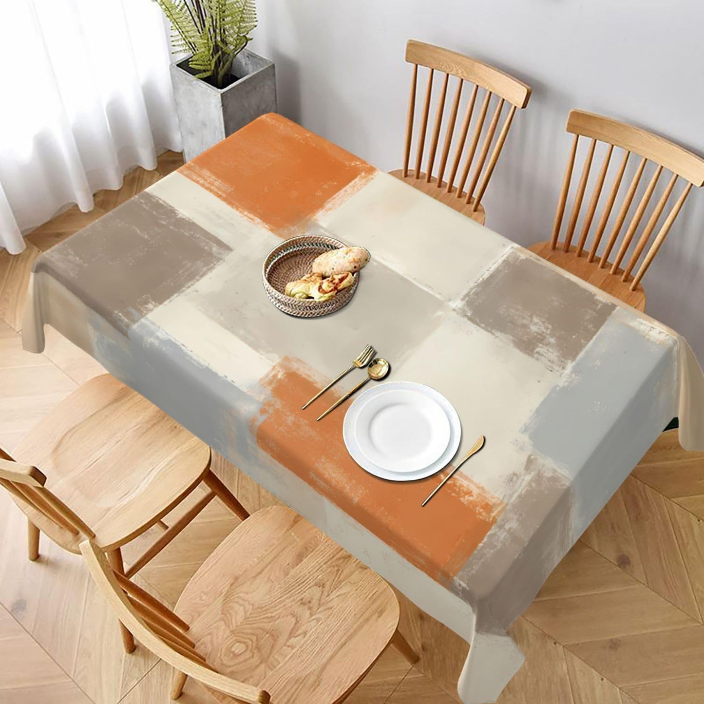 mutakin Orange Grey Abstract Rectangle Tablecloth Waterproof Geometric Table Cloth Washable Table Cover for Decoration Kitchen Dining Room 60x90 Inch