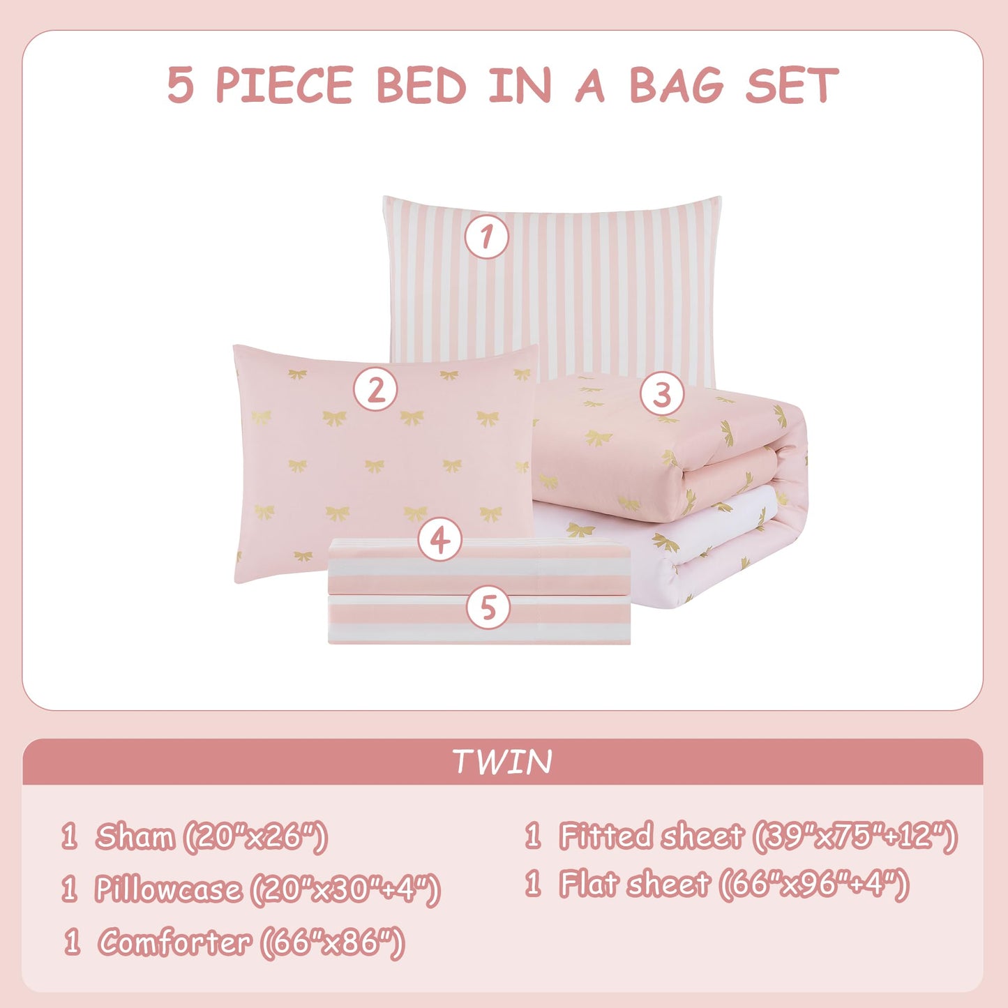 Wink Deer Twin Comforter Set with Sheets for Girls-5 Pieces Twin Bedding Sets with Pink White Gradient Ombre Comforter, Sheets, Pillowcase & Sham for Kids (Gold Bow, 66" X 86")