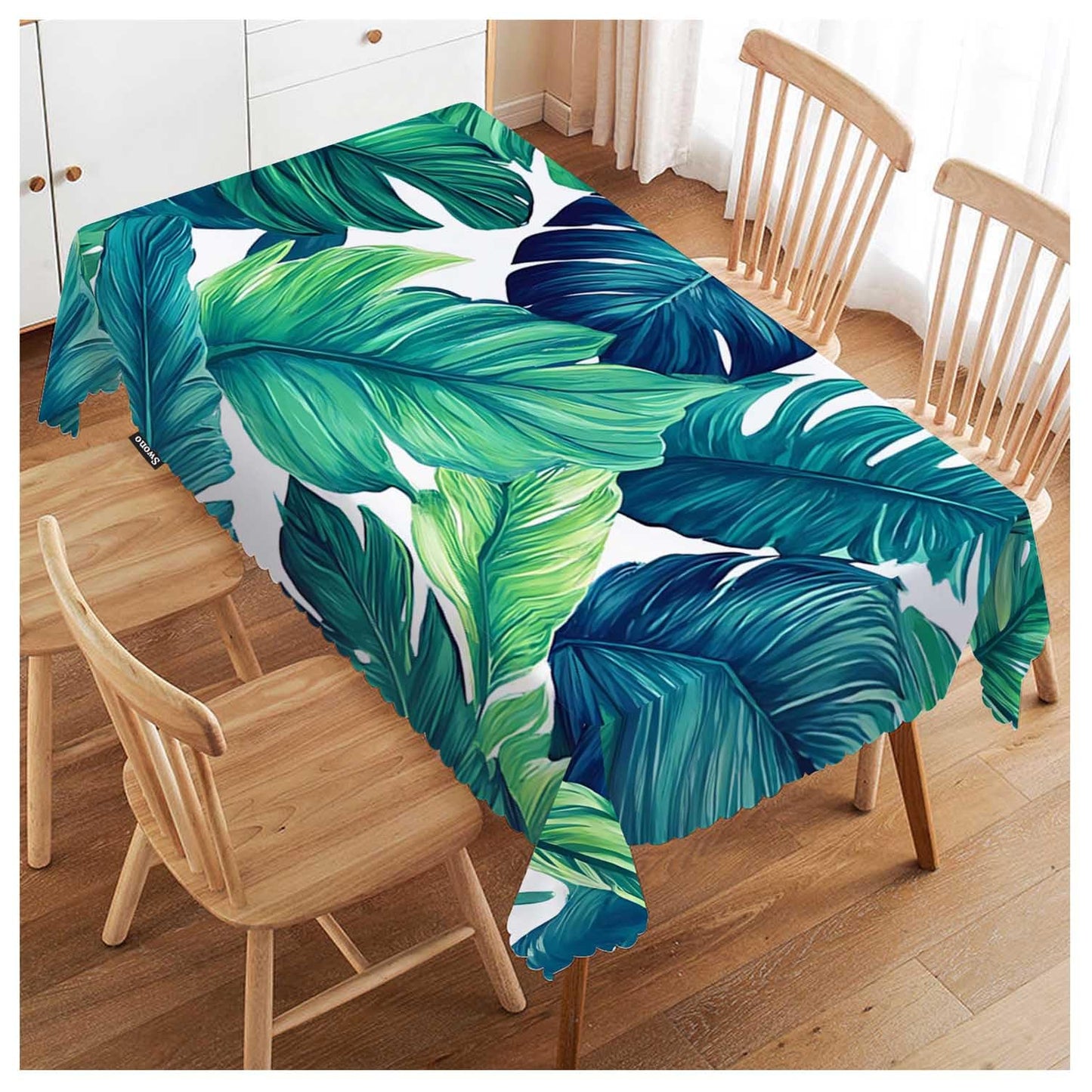 Swono Tropical Leaves Tablecloth Ocean Beach Turquoise Green Palm Leaves Rectangle Table Cloth Washable Plaid Table Cover for Kitchen Holiday Dinner, 52x 70 Inch Tablecloth