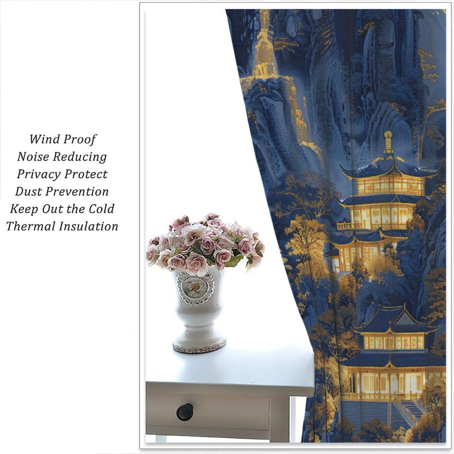 VUMIVI Oriental Landscape Curtains Retro House Gold-Threaded Blue Painting Traditional Chinese Art Rod Pocket Window Treatments for Bedroom Kitchen Living Dining Apartment Dorms Cafe 42" W X 44.5" L