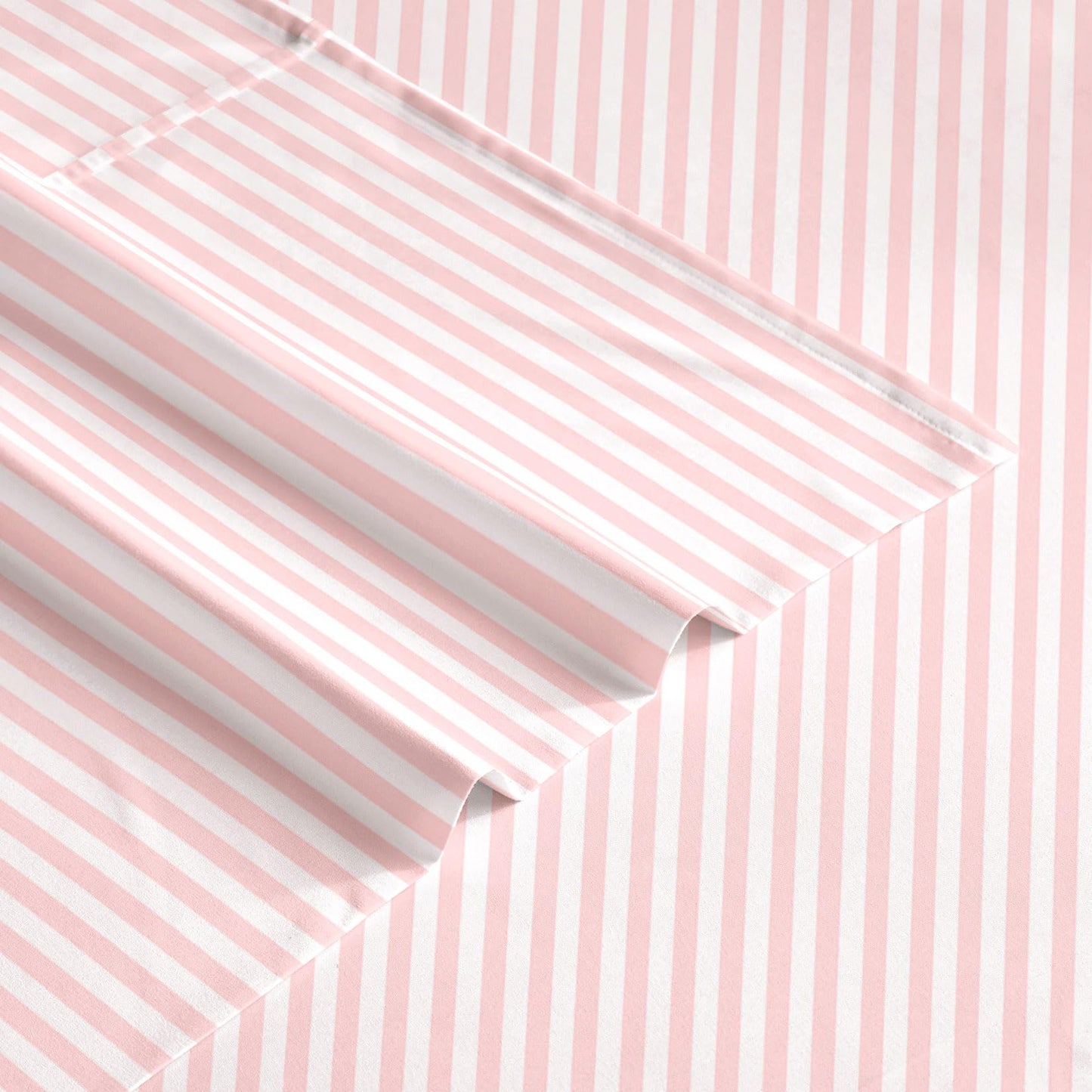 Wake In Cloud - Striped Bed Sheets, 4-Piece Sheet Set, Ticking Vertical Pin Stripe Modern Farmhouse Pattern Printed Bedding, Deep Pocket, Pink White, Queen Size