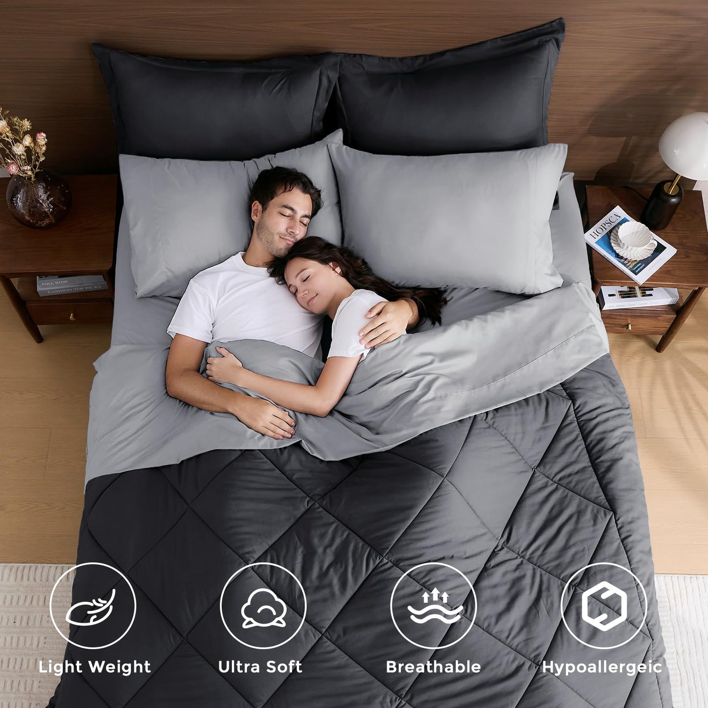HEVUMYI Queen Comforter Set - 7-Piece All Season Bed in a Bag Queen, Ultra Soft Bedding Set with Comforter, Flat Sheet, Fitted Sheet, Pillowcases, Pillow Shams, Dark Grey & Light Grey
