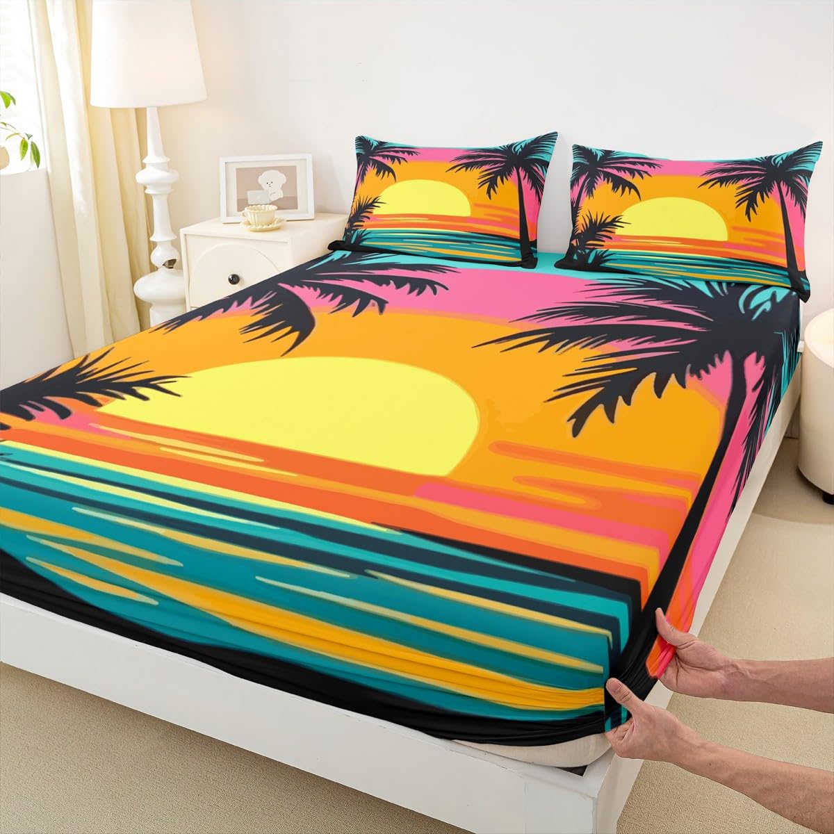 jejeloiu Beach Sunset Bedding Sheets Queen Size Palm Tree Bed Sheet Set for Kids Boys Girls Ocean Beach Fitted Sheet Blue Pink Yellow Bed Cover 3Pcs,1 Fitted Sheet+2 Pillow Sham（No Flat Sheet）