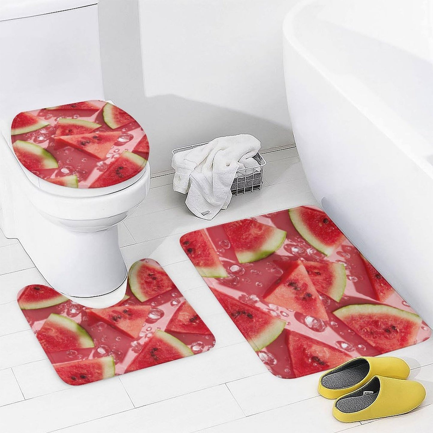 INSFBRB Modern Realistic Watermelon Shower Curtain Sets with Rug,Toilet Lid Cover and Bath Mat,Colorful Rustic Summer Fruit Watermelon 4 Piece Bathroom Set