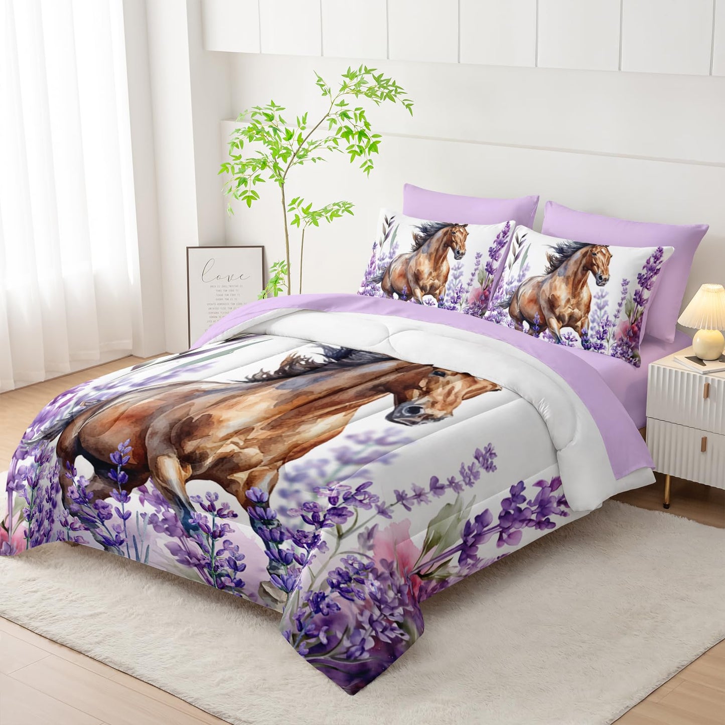AILONEN Galloping Horse Comforter Set,Lavender Flowers Bedding Set Bed in a Bag Twin Size,Purple Theme Comforter & Fitted Sheet with Flat Sheet,2 Pillowcases,2 Pillow Shams,7-Piece,Soft Microfiber
