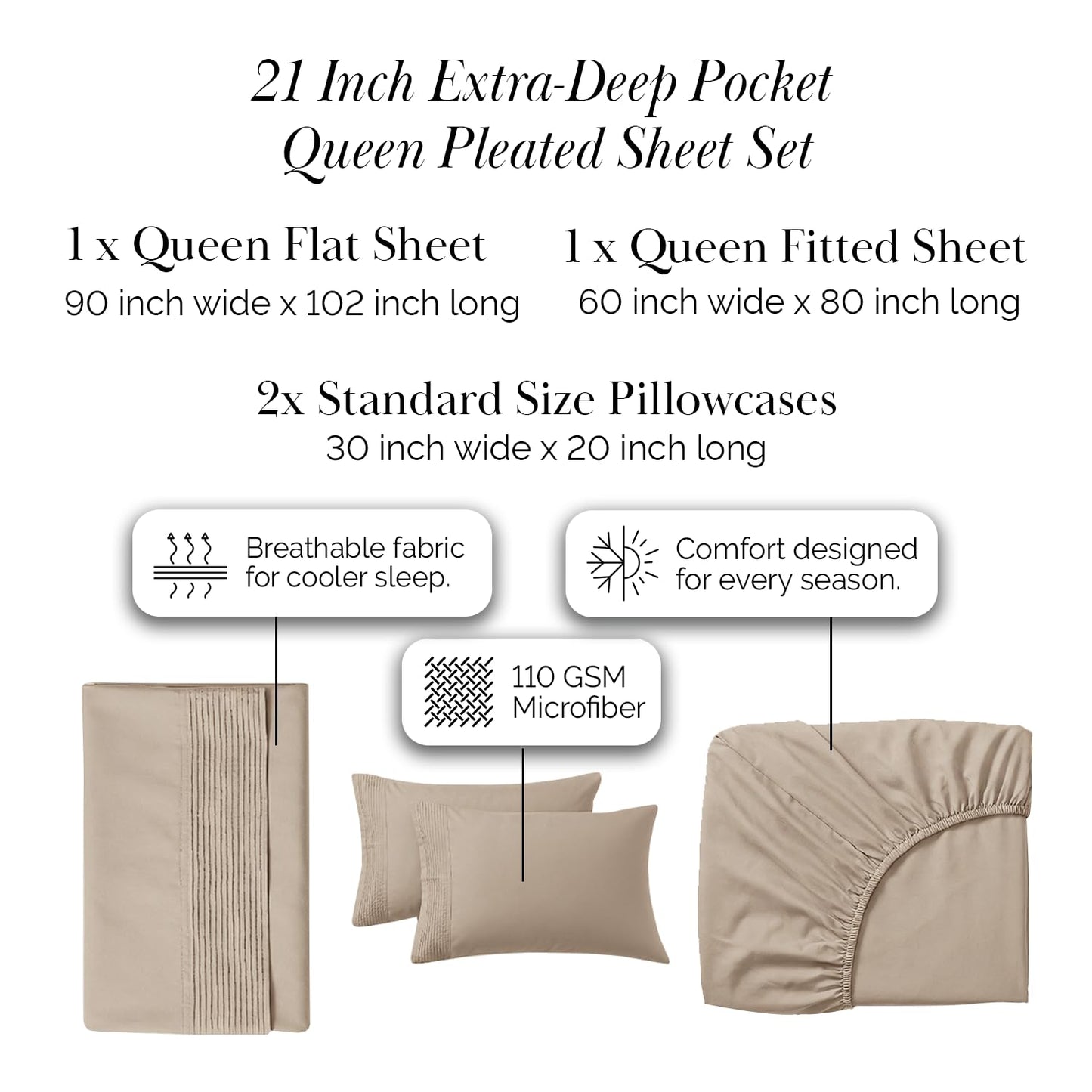 Southshore Fine Living, Inc. Queen Sheet Set, Deep Pocket Bed Sheets, Queen Size Set with 21" Deep Pocket Fitted Sheet, Pleated Flat Sheet and Queen Pillow Cases Set of 2, Taupe Sheets Queen Size