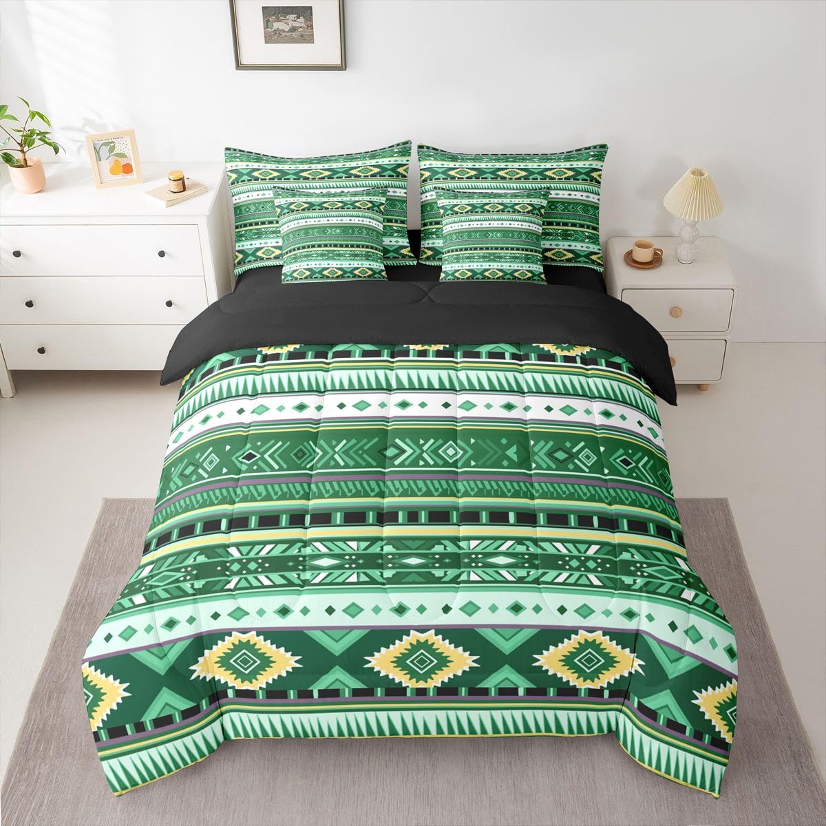 Erosebridal Cowboy White Dark Green Aztec Full Comforter Set 7 Pieces | Southwestern Farmhouse Bed in A Bag for Bedroom Bohemian Tribal Cowgirl Bedding Set with Comforters Adults Geometric Room Decor