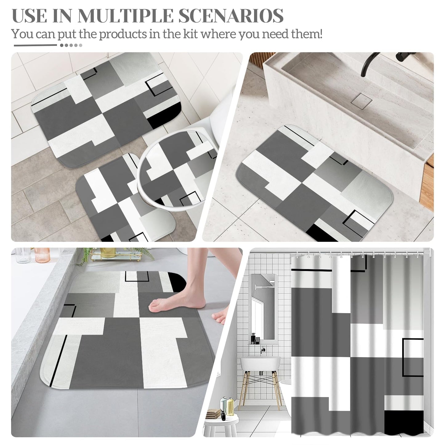 KINUUIS 4 Pcs Black Geometric Bathroom Shower Curtain Sets with with Toilet Lid Cover and Non-Slip Rugs, Black Modern Abstract Bathroom Decor Sets with Shower Curtain and Rugs for Bathroom