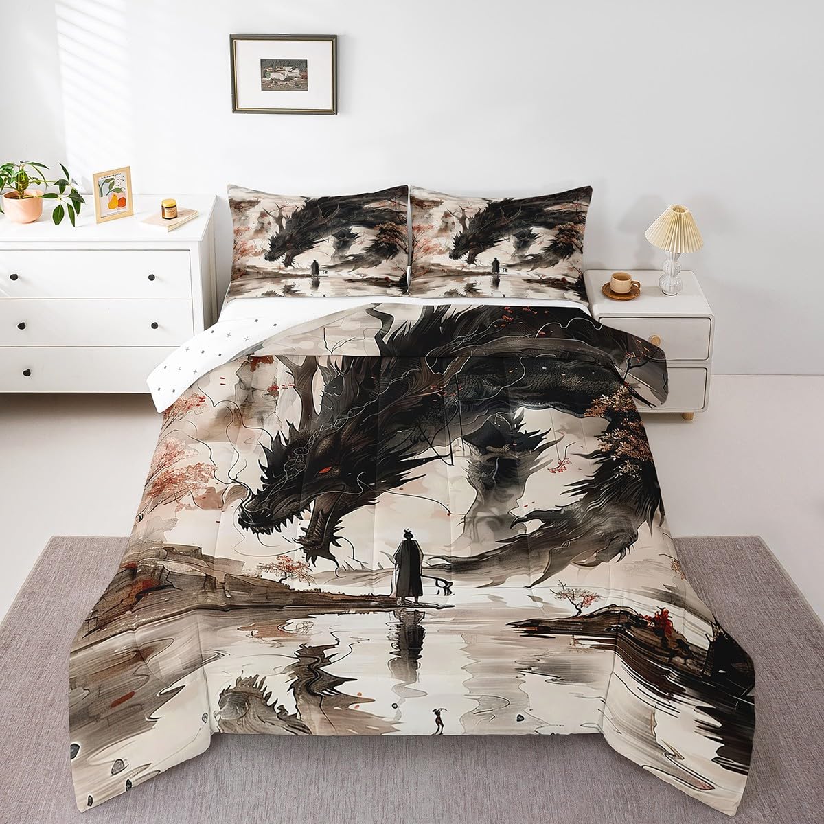 Feelyou Dragon Comforter Set King Size Japanese Style Comforter for Boys Girls Teens Samurai Bedding Set Japanese Ukiyoe Duvet Set Room Decor Black Beige Quilt Set