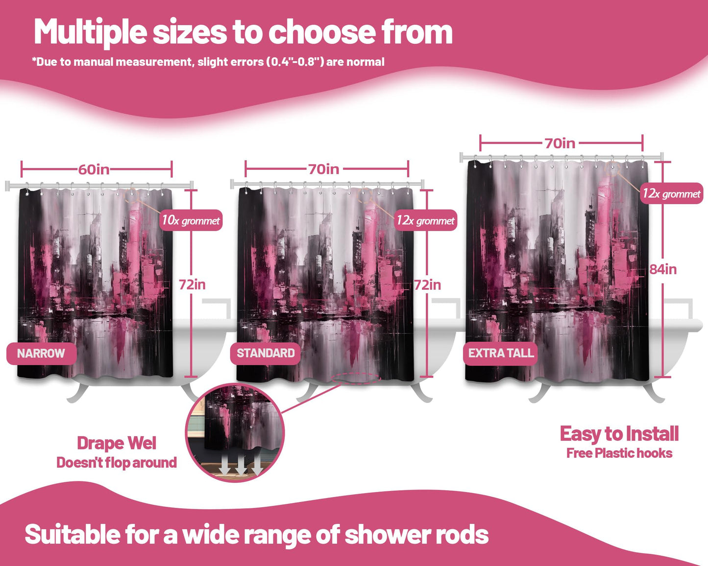 dueeia Pink and Black Shower Curtain, Hot Pink and Black, 70 x 72 inch