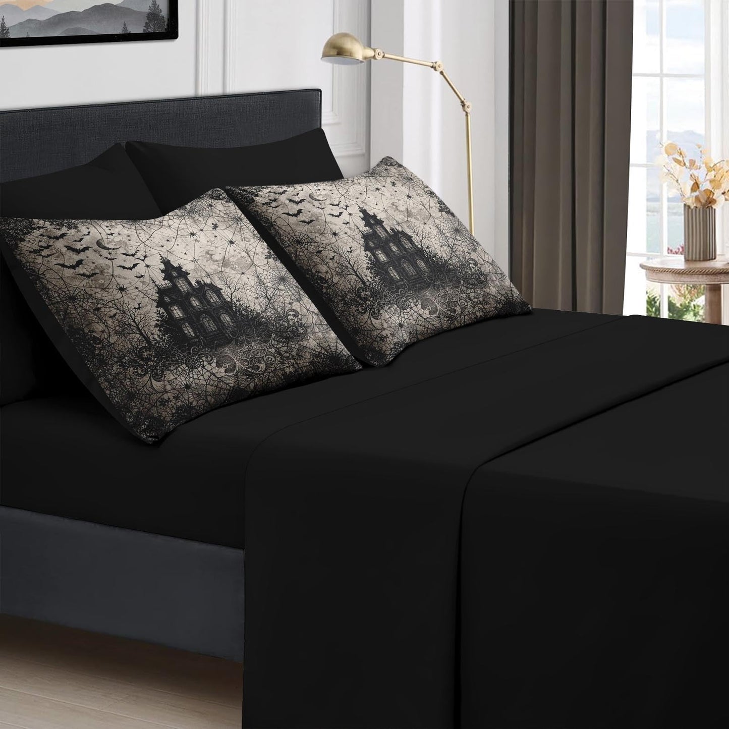 Boewywh Comforter Set Twin Size Halloween Gothic Spooky 5 Pcs, Bedding for Kids and Adults, Bed Sheet Sets with Fitted Sheet Pillowcase & Sham for Bedroom Bed Decor