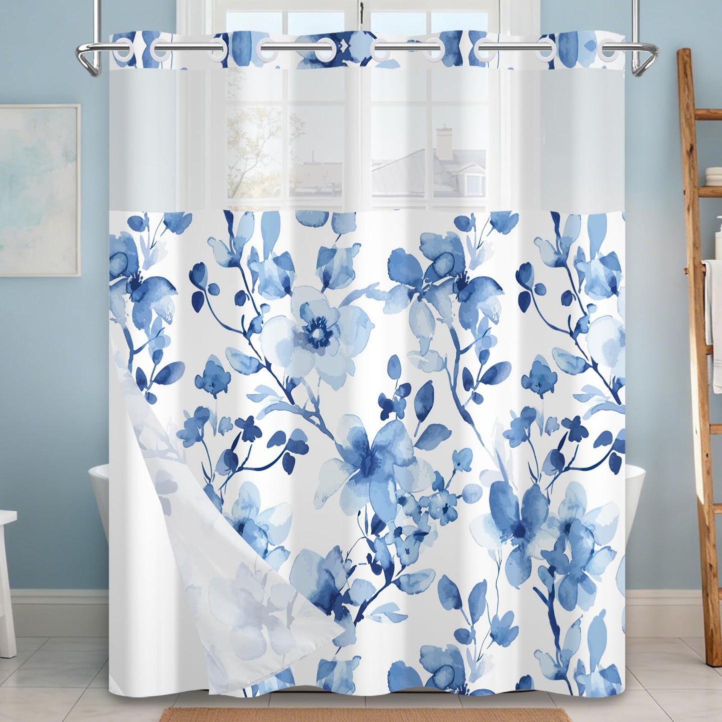 NAEMBCU No Hook Shower Curtain with Snap-in Liner 71x74 Inch