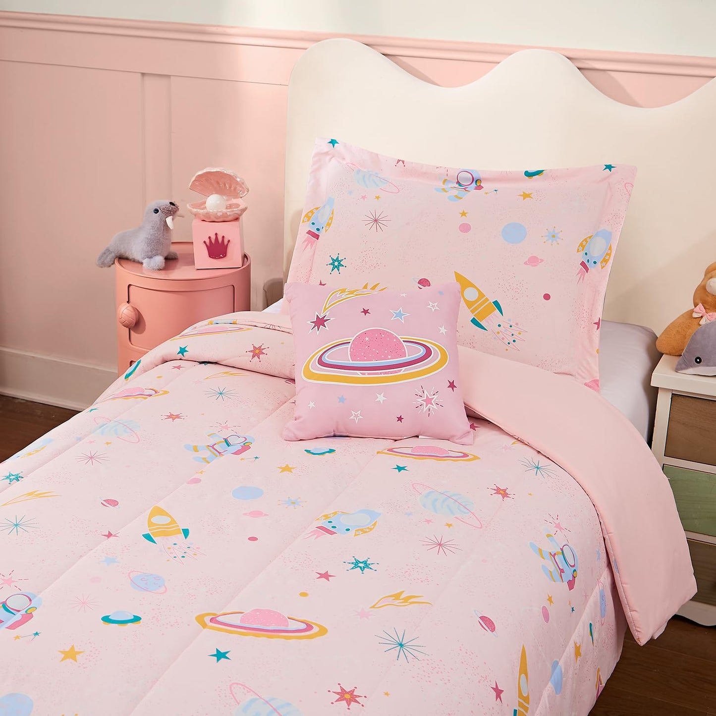 Wink Deer Twin Comforter Set for Girls-3 Pieces Space Glow in the Dark Twin Bedding Sets for Kids,1 Comforter,1 Sham and 1 Decor Pillow