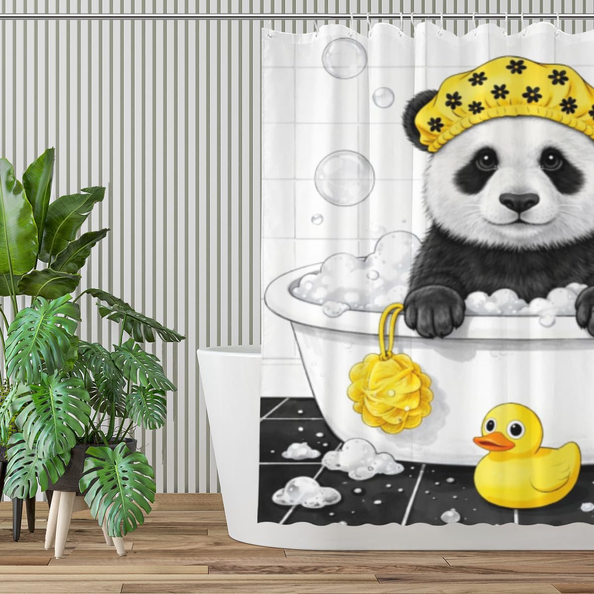 REZHOCH Cute Panda Shower Curtain 72x72Inch,Funny Animal Bathtub Bathing Yellow Shower Cap Rubber Duck Home Bathroom Decor Bath Set for Kids Waterproof Fabric with 12 Hooks