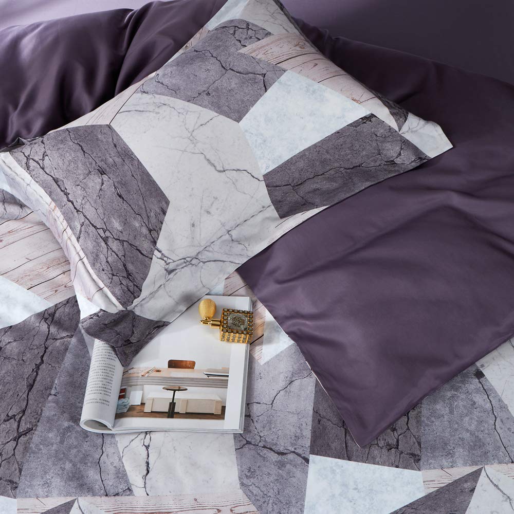 MILDLY 100% Long Staple Cotton Duvet Cover Set, 3pcs Geometric Marble Textured Pattern Printed Comforter Cover Set