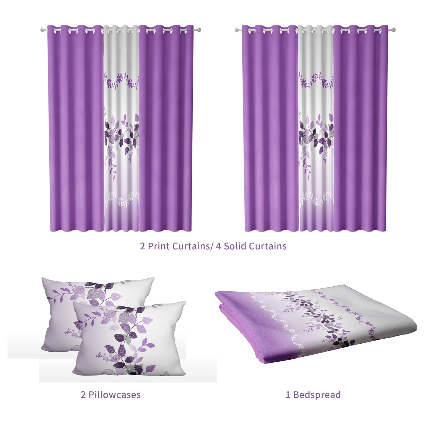 Deepsleep King Bedspread Set 9 Pieces, All Season Luxury Bed in a Bag for Bedroom, with 2 Pillowcases and 6 Curtains, Ultra-Soft Microfiber for Complete Bedroom Decor, Purple Flower