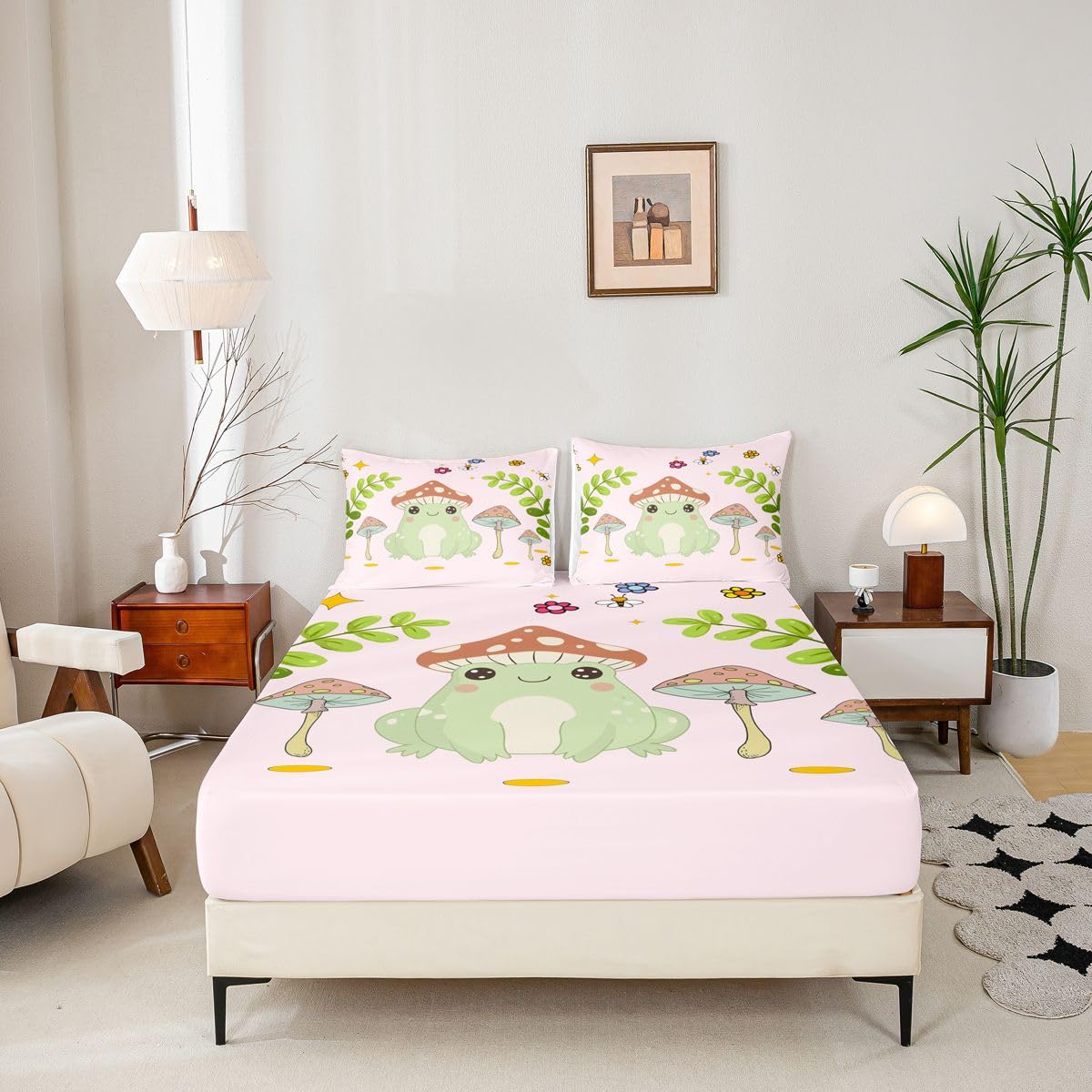 Feelyou Cute Frog Bedding Fitted Sheet Mushroom Bedding Sheets for Kids Boys Girls Natural Wild Fungus Bed Sheet Set Botanical Plants Bed Cover 1 Bed Sheet Set with 2 Pillowcases Full Size