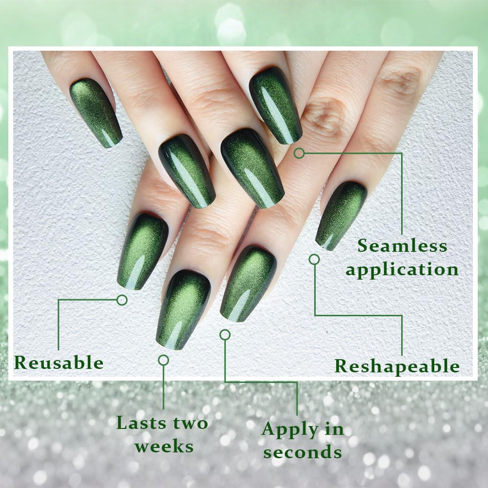 evpct Emerald Green Cat Eye Coffin Press on Nails Medium Square No Glue, Medium Square Stick on Nail for Women, Green Metallic Glitter Glossy Reusable Soft Press on Acrylic Fake Nail with Designs