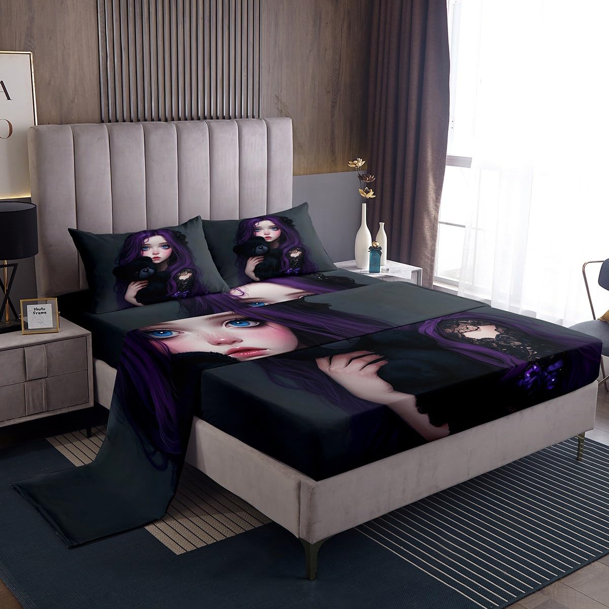Erosebridal Anime Girl Bed Sheets Set Full for Kids, Kawaii Girl Flat Fitted Sheet Japanese Style Bedding Sets for Girls Adult Japanese Animation Bedding Sets for Bedroom Decor 2 Pillow Cases