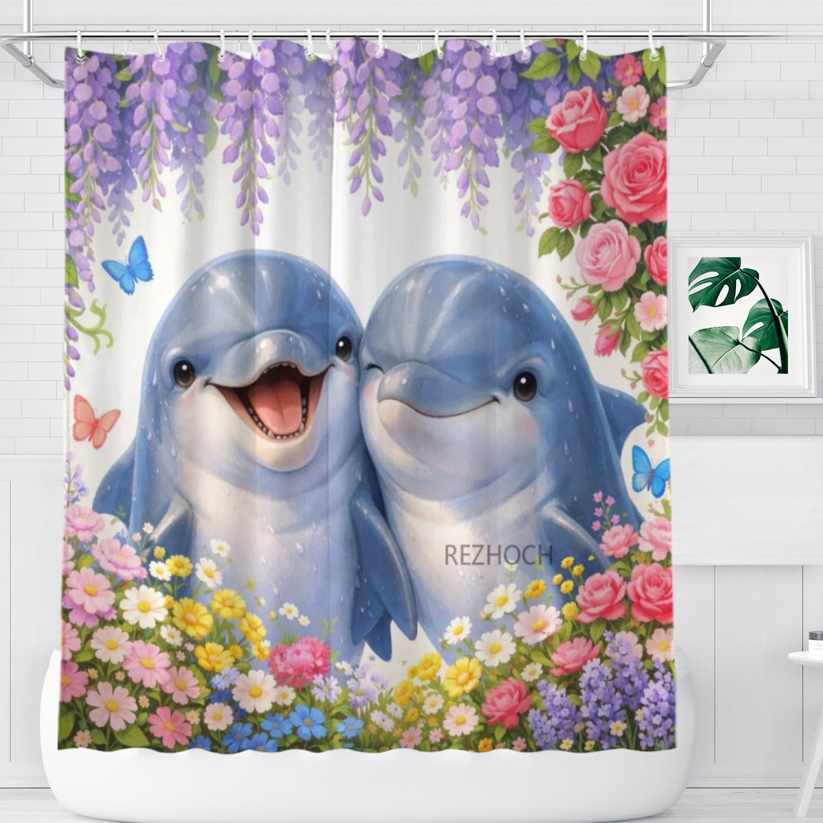 REZHOCH Fun Dolphin Shower Curtain 72x72Inch,Floral Home Bathroom Decor Spring Summer Garden Flowers Wisteria Rose Butterfly,Cute Animal Waterproof Fabric Bath Set with Hooks