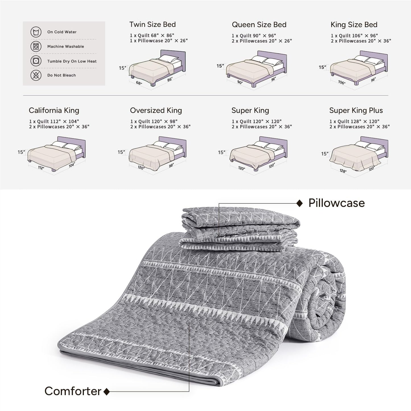 Andency California King Quilt Set Grey, 3 Pieces Boho Lightweight Soft Striped Cal King Bedspread for All Season (112"x104"), Gray Printed Bohemian Polyester Reversible Coverlet Comforter Sets