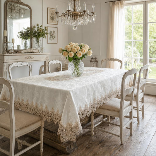 ARTABLE French Lace Table Cloth Rectangle Vintage Flower Decor Macrame Rustic Elegant Table Cover for Outdoor Farmhouse Rustic Kitchen Party Birthday Picnic (Light Brown, 60 x 84 Inch)