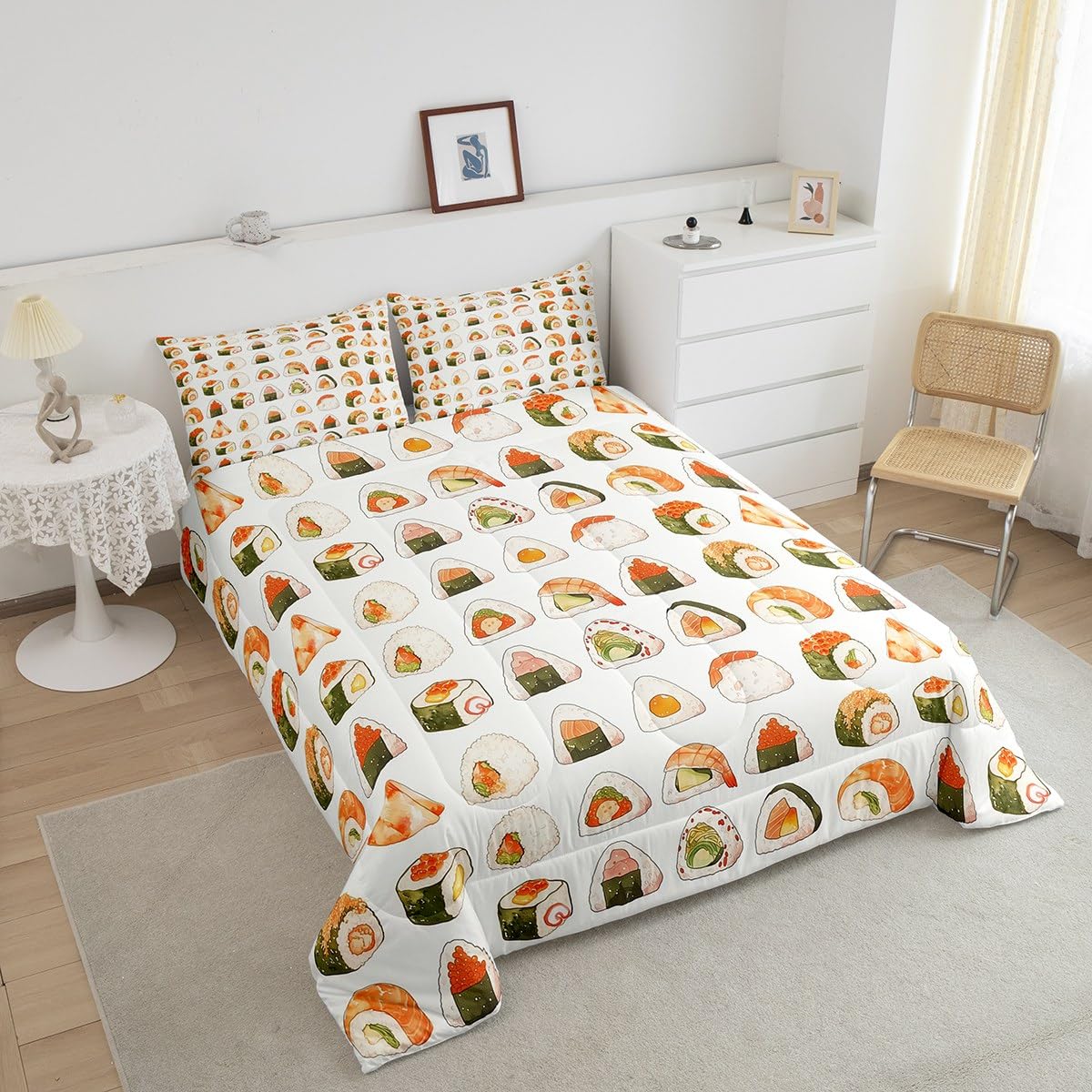 Erosebridal Cute Sushi Bedding Set Queen Size,Japanese Food Comforter Set Sushi Gifts for Kids Teens Men Women,Funny Food Quilt Bed Set Anime Style Bed Comforter Sets with 2 Pillowcases Room Decor