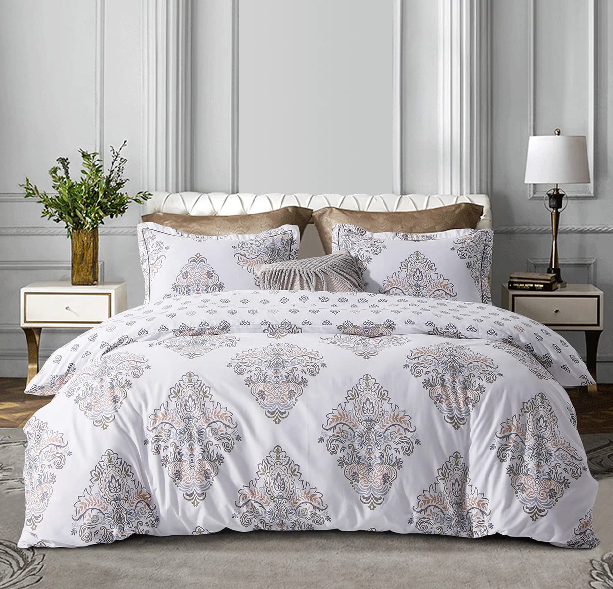 SLEEPBELLA Comforter King Size, 600 Thread Count Cotton Yellow & Blue Damask with Taupe Brown Reversible Pattern White Comforter Sets,Down Alternative Bedding Set 3Pcs (King, White Damask)