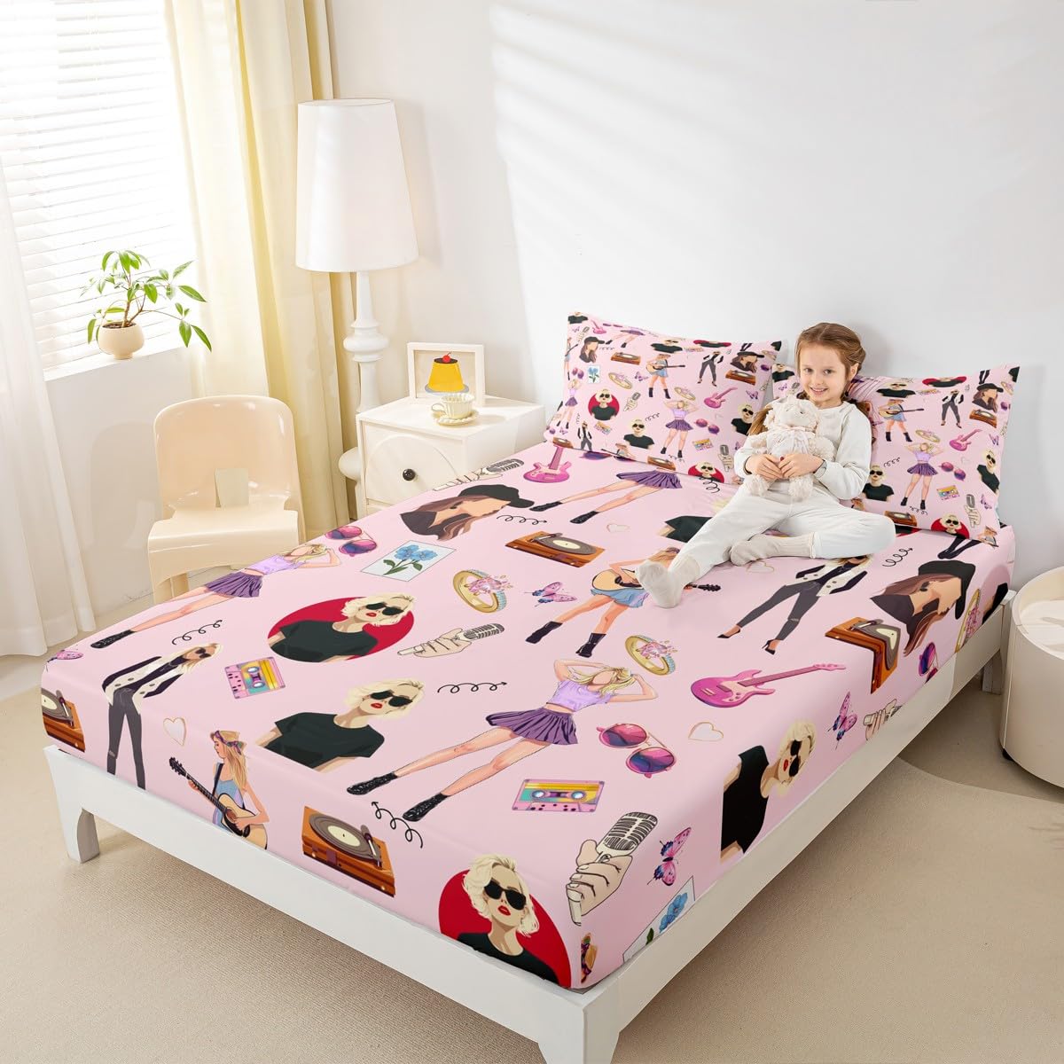 jejeloiu Music Bedding Set Full Size Girls Singer Bed Cover Gifts for Women Music Lovers Girly Guitar Bed Sheets Coworker Sister Friends Deep Pocket Fitted Sheet Pink Room Decor (No Top Sheet)