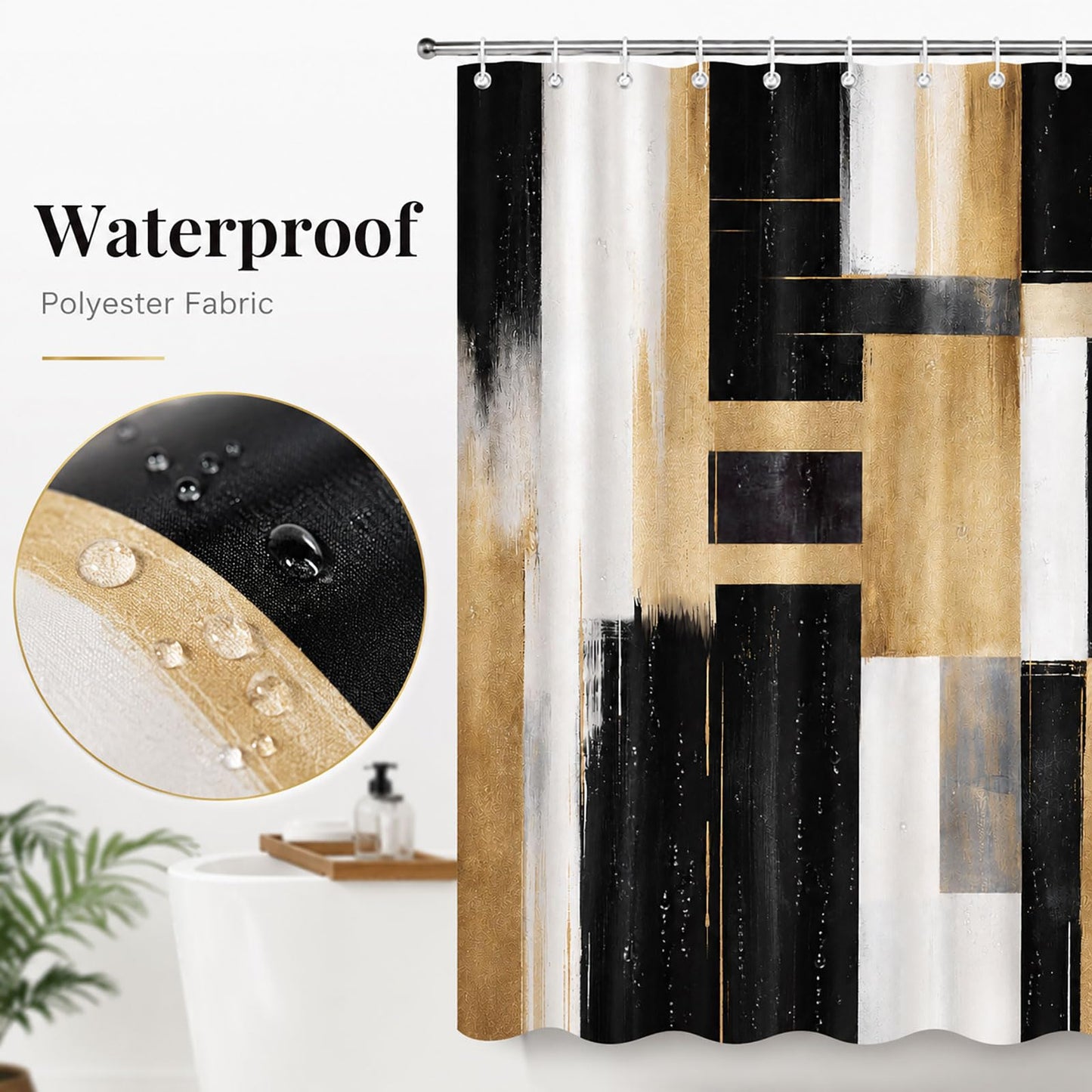 Emwnodti Black Gold Abstract Shower Curtain, Boho Modern Aesthetic Bathroom Decor with 12 Hooks, Waterproof Polyester Fabric Bath Curtain, 72x72 Inch