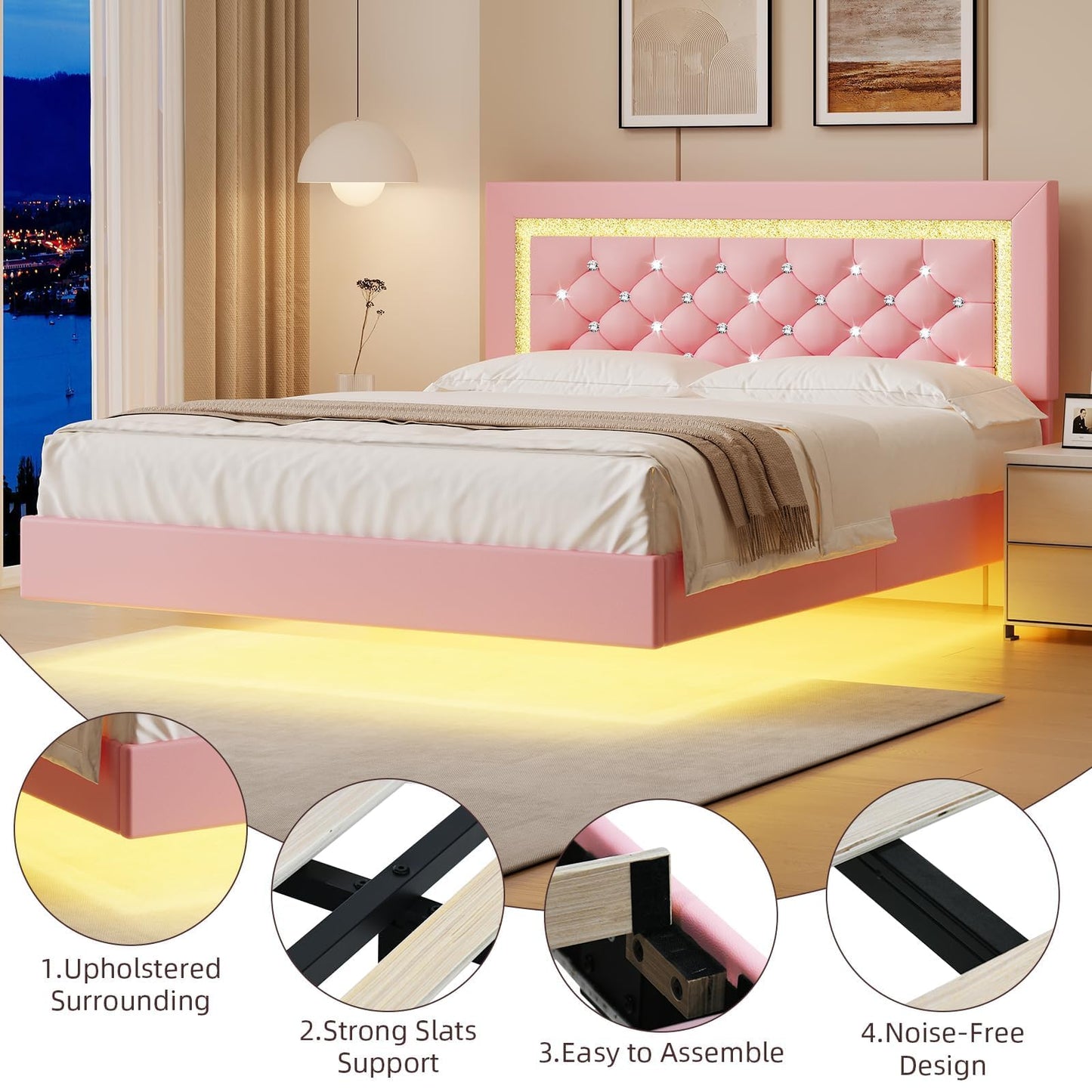 BarnFurin Floating Bed Frame Full with LED Lights, Upholstered Bed Frame with Diamond Headboard, No Box Spring Needed, Noise Free, Easy Assembly, Pink