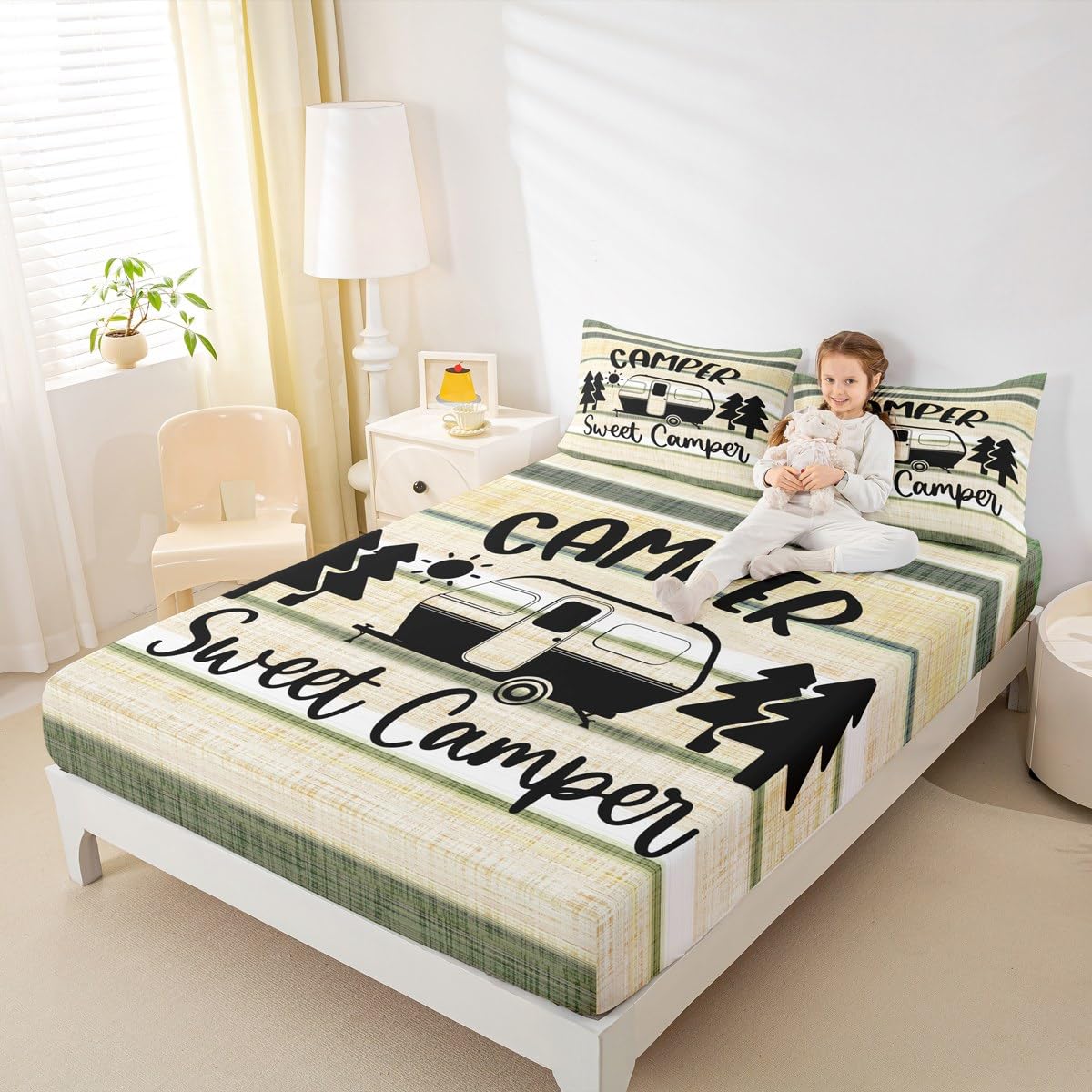 Feelyou Camper Sheet Set for Kids Boys Girls Sheets with Deep Pocket Fitted Sheet Happy Camping Bed Sheets Set Bedroom Decor RV Camping Camper Accessories for Travel Trailers Bedding Set Full 4Pcs