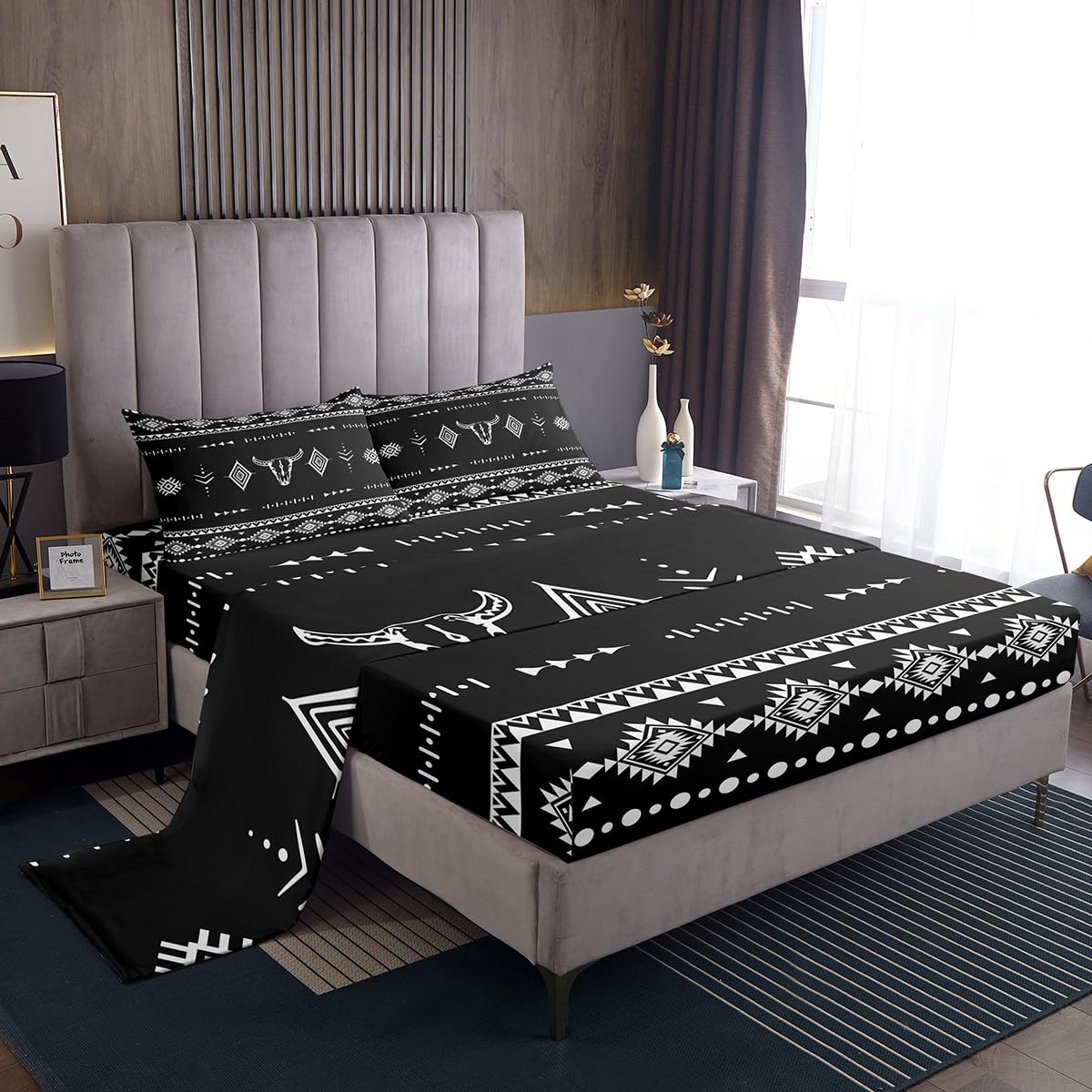 Erosebridal Western Cowboy Bed Sheets Set Full Size, Bull Skull Flat Fitted Sheet for Boys Girls Women Men Room, Boho Aztec Ethnic Horns Bedding Set, Southwestern Native Bed Sets