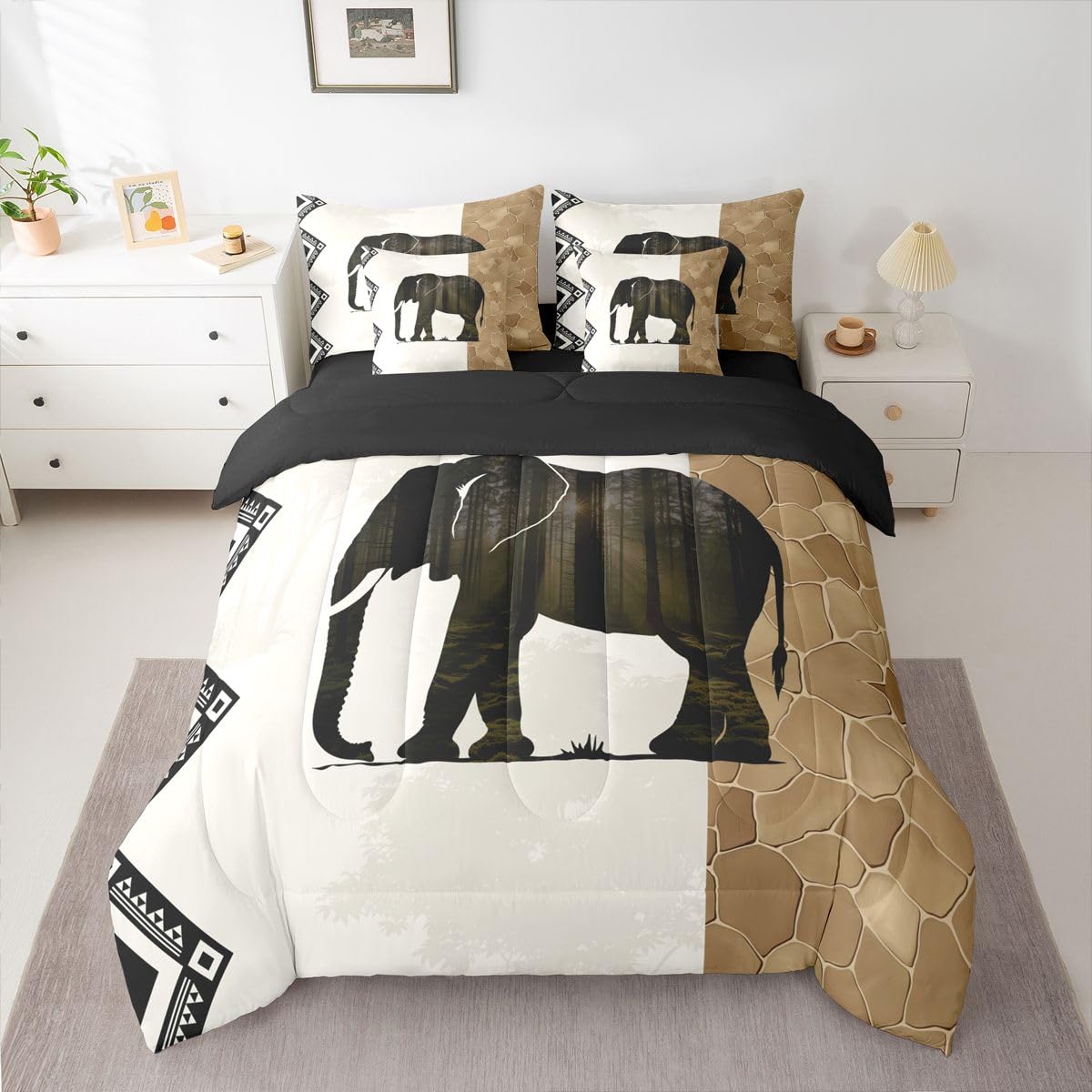 Erosebridal Elephant 7 Piece Bedding Set Full African Comforter Set with Sheets African Animal Lover Geometric Bed in a Bag Wild Animal Skin Woodland Silhouette for Kids Boys Girls