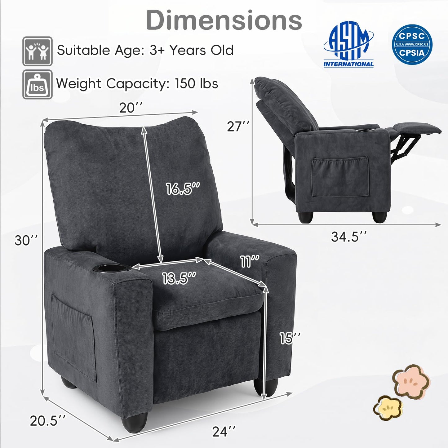 Costzon Kids Recliner Chair with Cup Holder, Toddler Adjustable Lounge Chair w/Footrest for Boys Girls Room, Ergonomic Baby Child Furniture Sofa for Age 3+ Gifts, Kids Mini Recliner up to 150 lbs