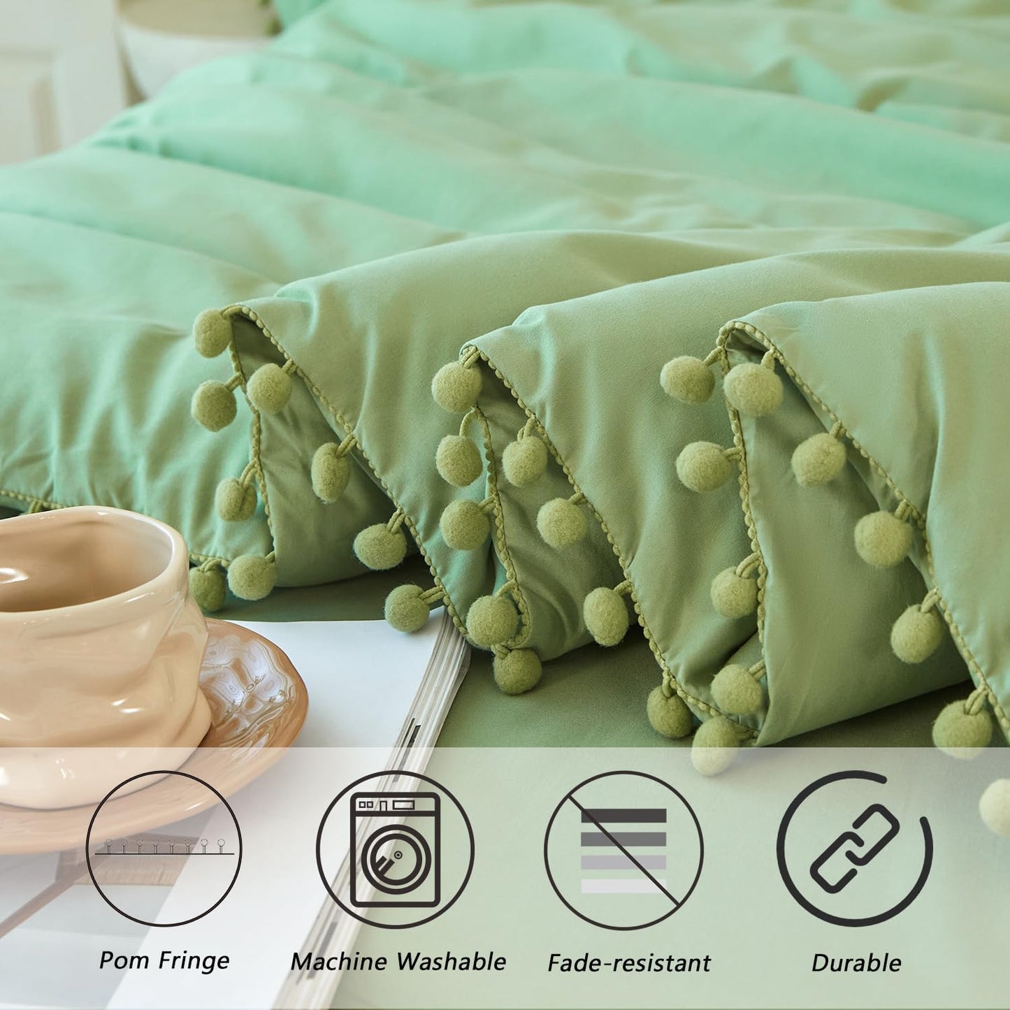 PERFEMET Green Bed in A Bag Twin Size 5 Pieces All Season Pom Pom Fringe Bedding Set for Girls Kids Soft Lightweight Boho Solid Comforter Set for Bedroom(Green, Twin)
