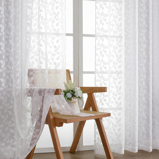 Chyhomenyc White Sheer Curtains 84 Inch Length 2 Panels Set, Light Filtering Tufted Textured Soft Airy Rod Pocket Gentle Leaf Window Treatment Drapes for Bedroom Living Room, 42" Wx84 L, 2PCS