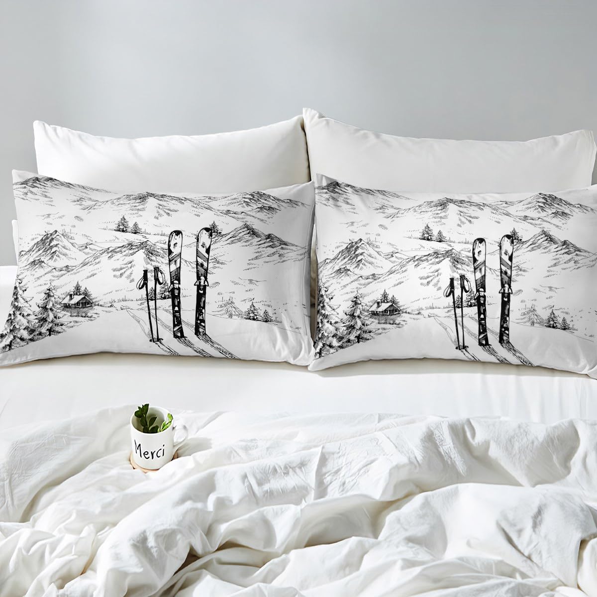 Erosebridal Ski Comforter Set Full, Winter Sports Games Duvet Sets for Kids Teens Adult Bedroom, Winter Skiing Bedding Set Mountain Sketch Illustration Quilted Duvet 3 Piece with 2 Pillow Cases